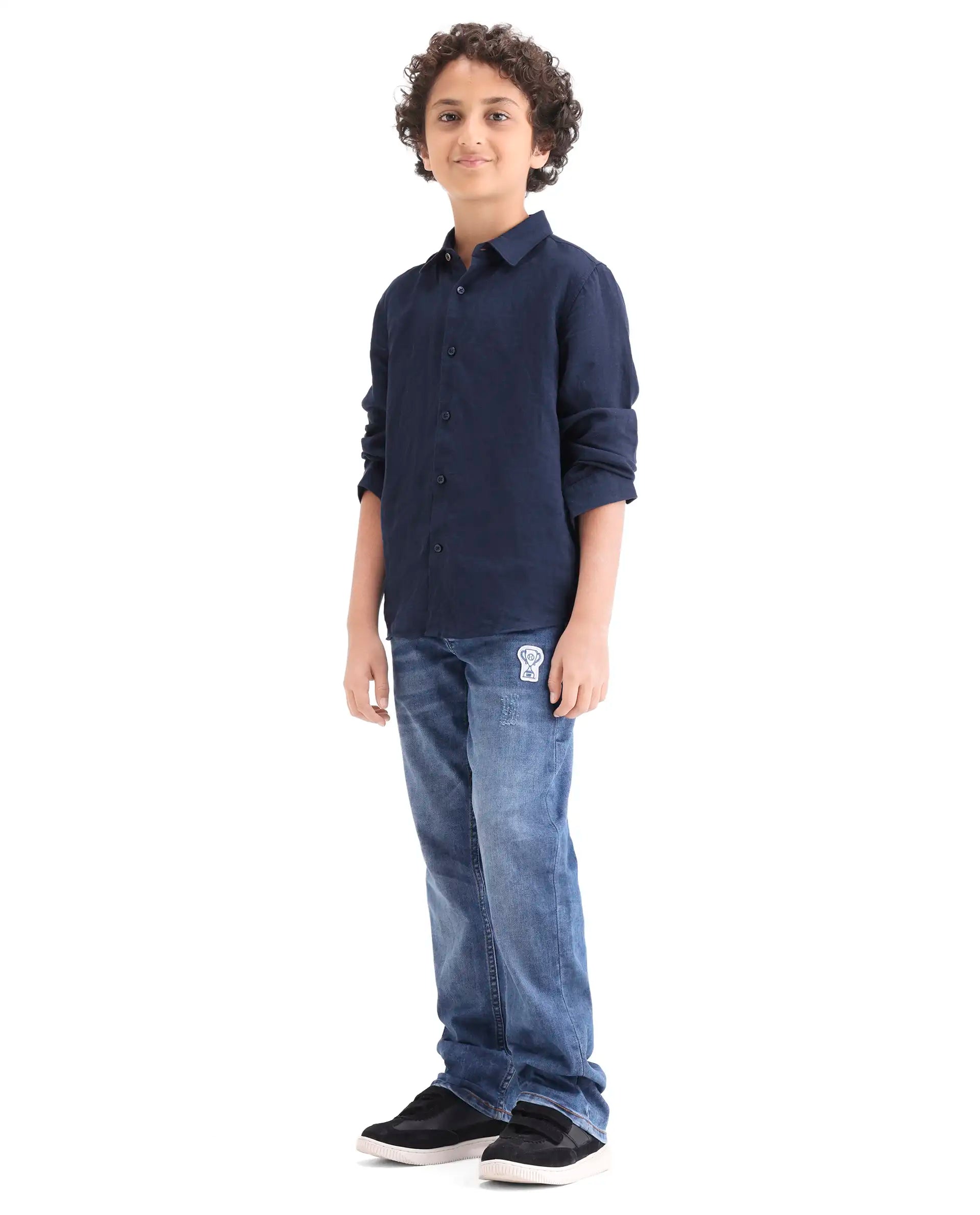 Rare Ones Kids Dino Blue Cotton Blend Fabric Zipper Closure Regular Fit Denim Pant