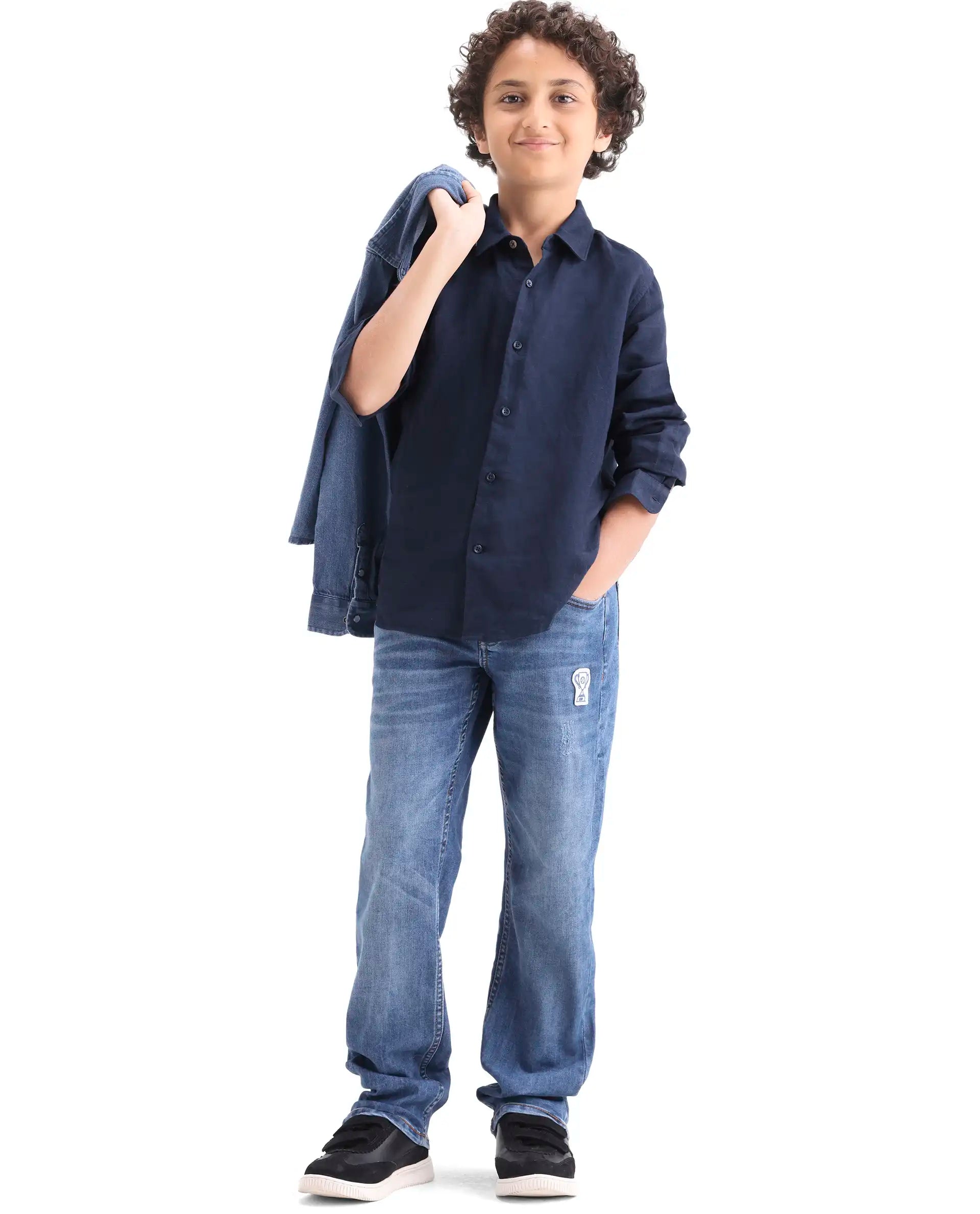 Rare Ones Kids Dino Blue Cotton Blend Fabric Zipper Closure Regular Fit Denim Pant