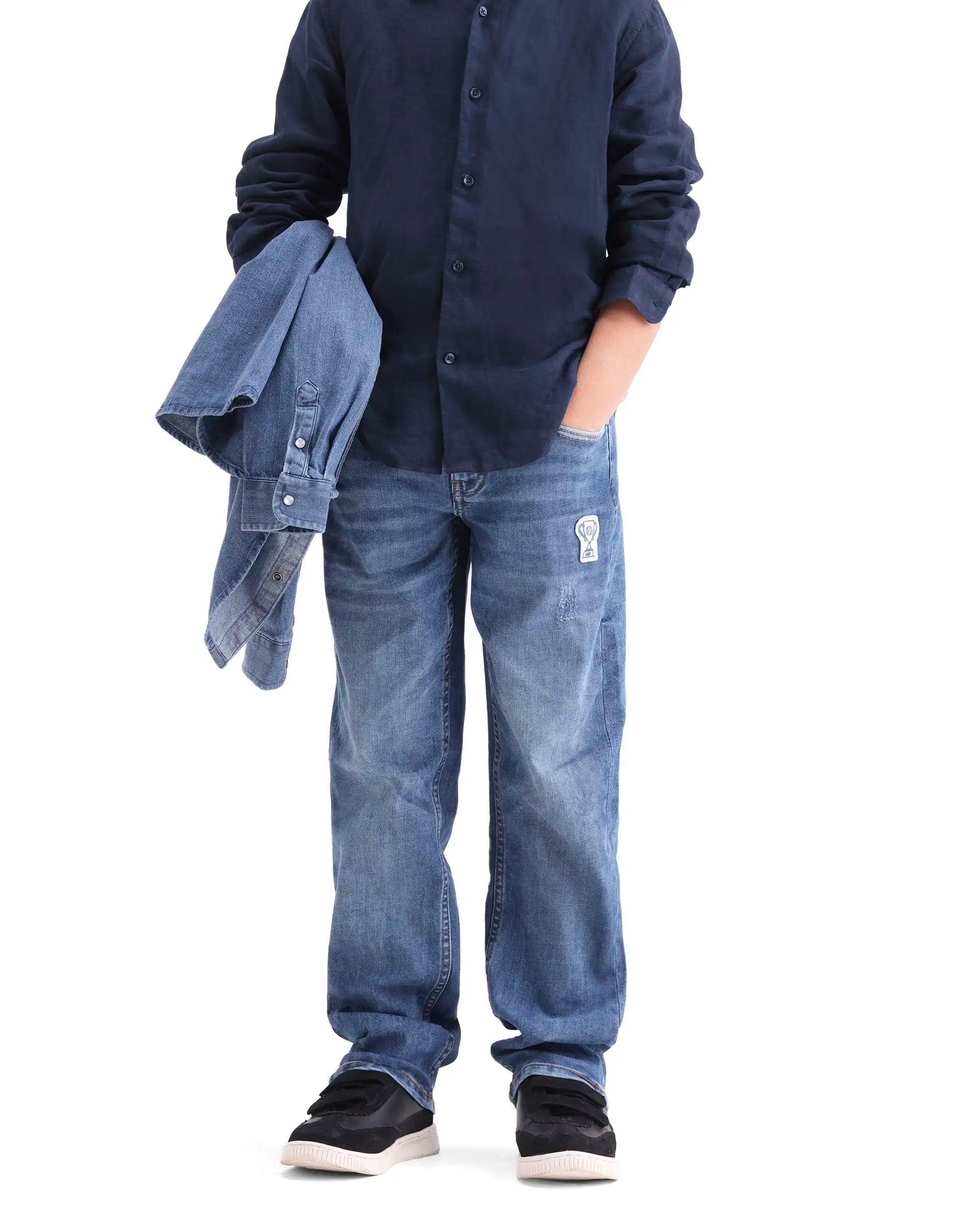 Rare Ones Kids Dino Blue Cotton Blend Fabric Zipper Closure Regular Fit Denim Pant