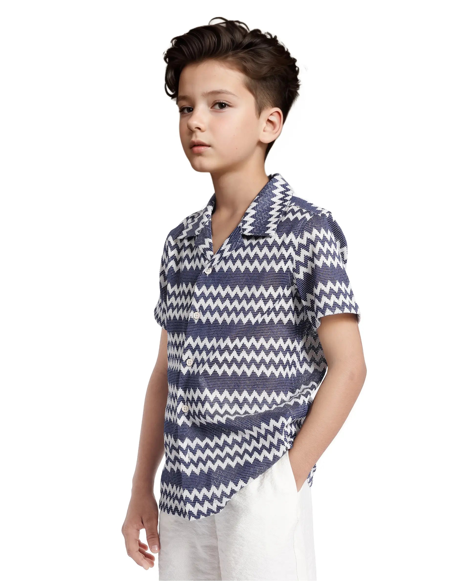 Rare Ones Kids Dio Blue Cotton Poly Half Sleeve Cuban Collar Dobby Shirt