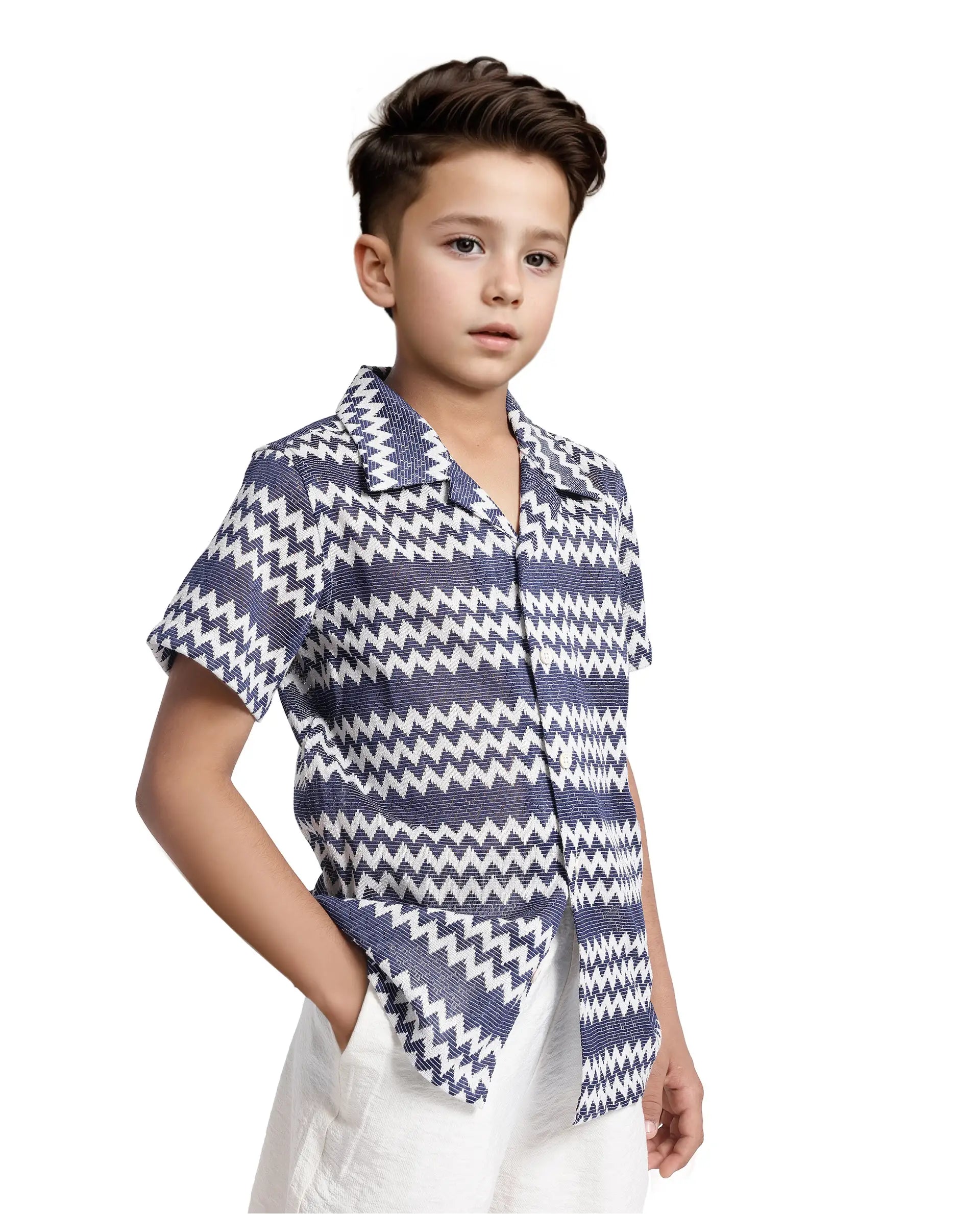 Rare Ones Kids Dio Blue Cotton Poly Half Sleeve Cuban Collar Dobby Shirt