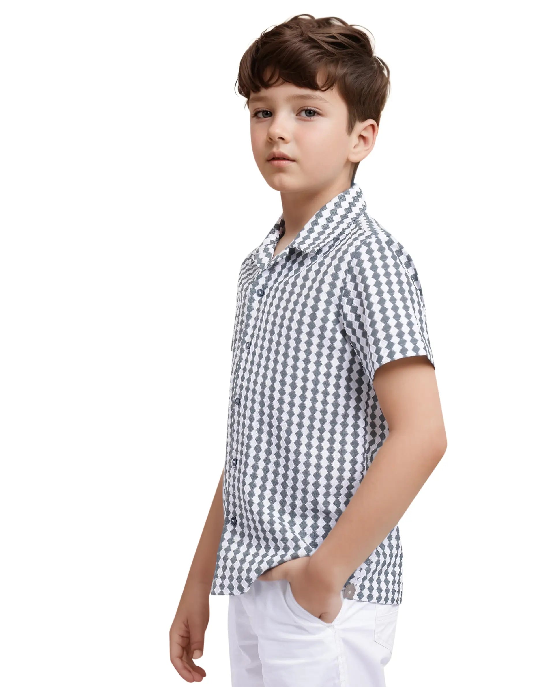 Rare Ones Kids Dion Teal Polyester Short Sleeve Cuban Collar Regular Fit Jacquard Shirt