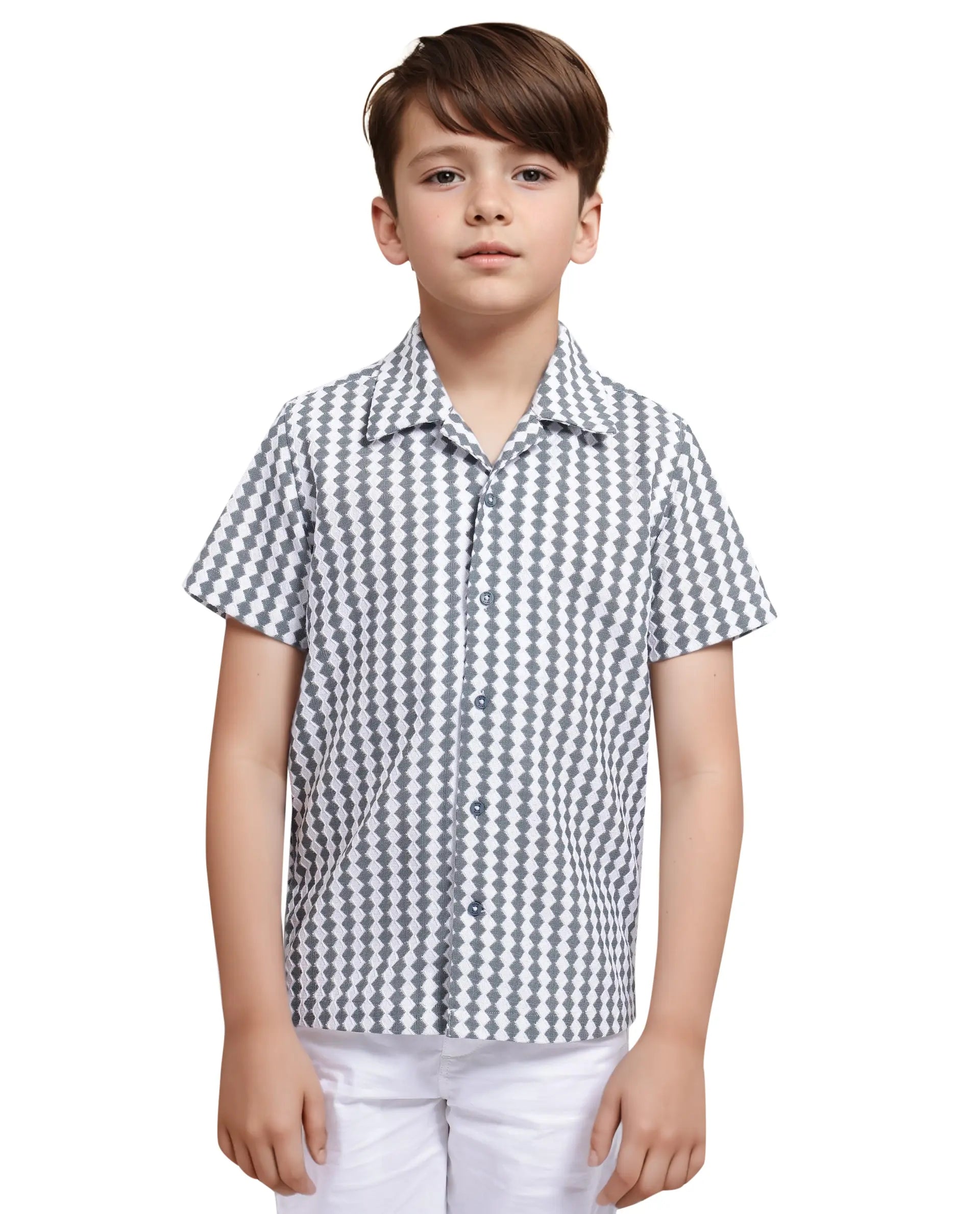 Rare Ones Kids Dion Teal Polyester Short Sleeve Cuban Collar Regular Fit Jacquard Shirt