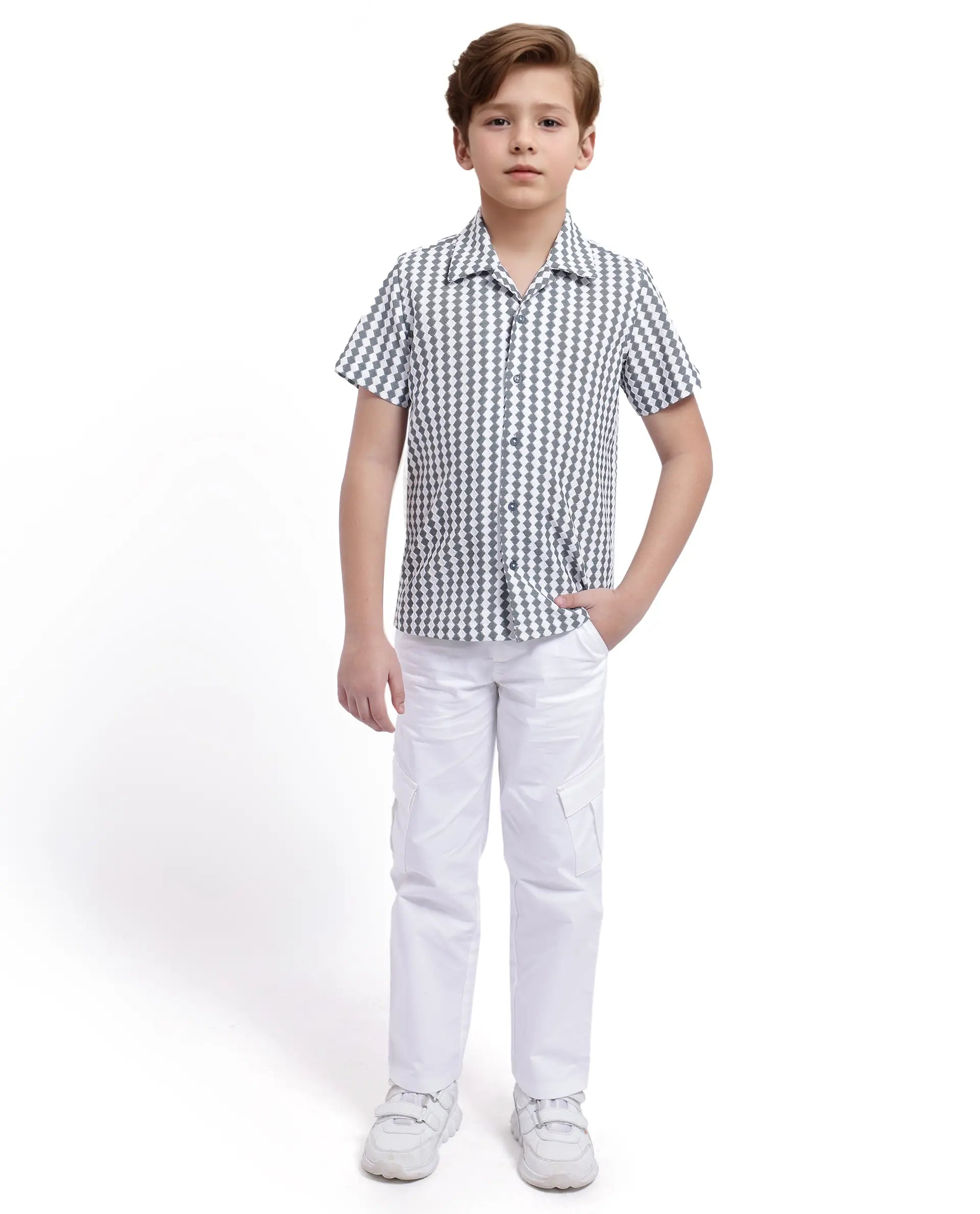 Rare Ones Kids Dion Teal Polyester Short Sleeve Cuban Collar Regular Fit Jacquard Shirt