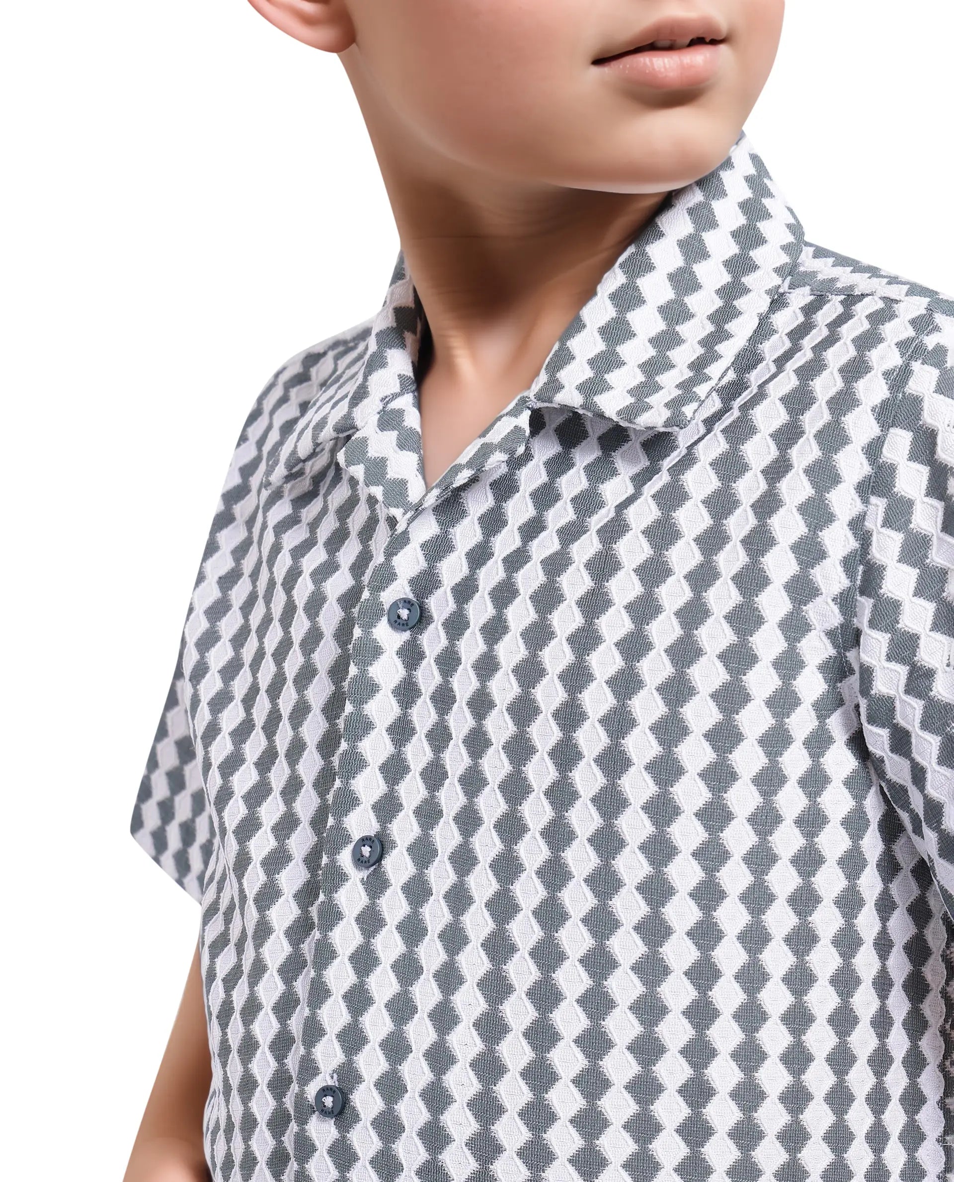 Rare Ones Kids Dion Teal Polyester Short Sleeve Cuban Collar Regular Fit Jacquard Shirt