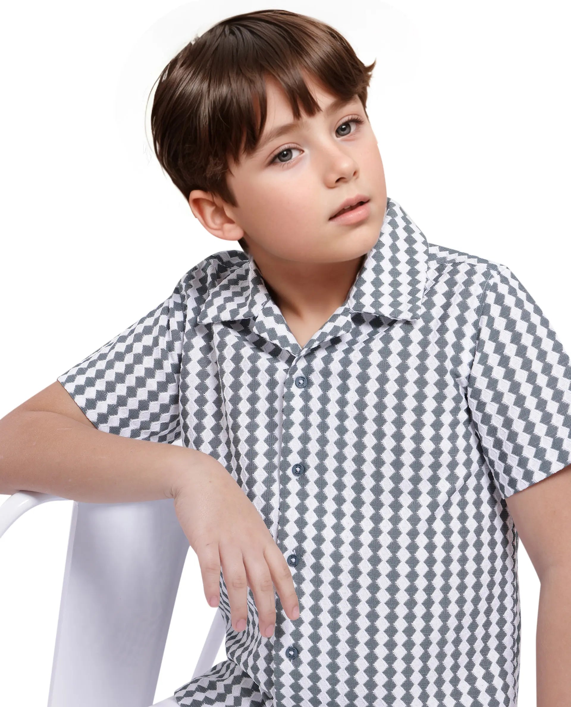 Rare Ones Kids Dion Teal Polyester Short Sleeve Cuban Collar Regular Fit Jacquard Shirt