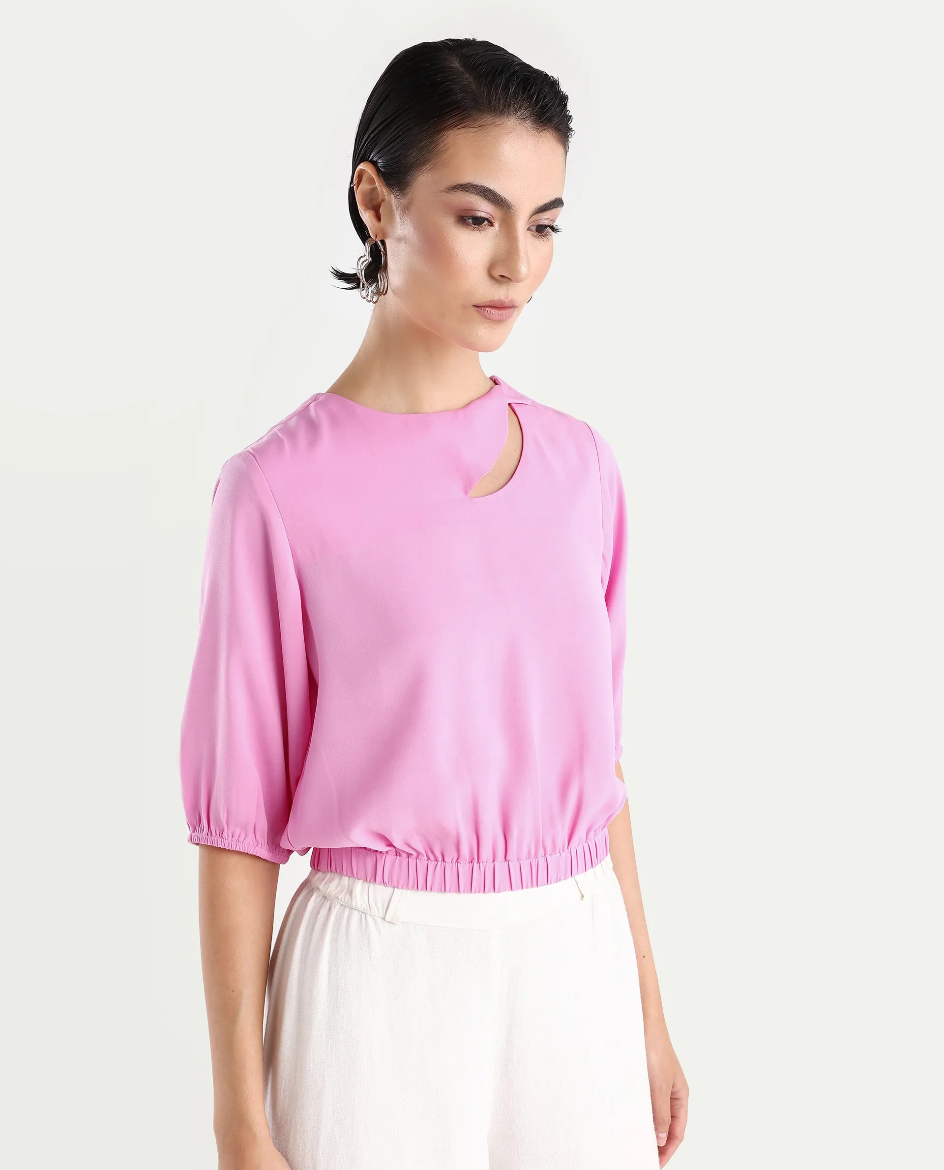 Rareism Women's Dionysus Pink Polyester Blend Crew Neck Plain Crop Regular Fit Top