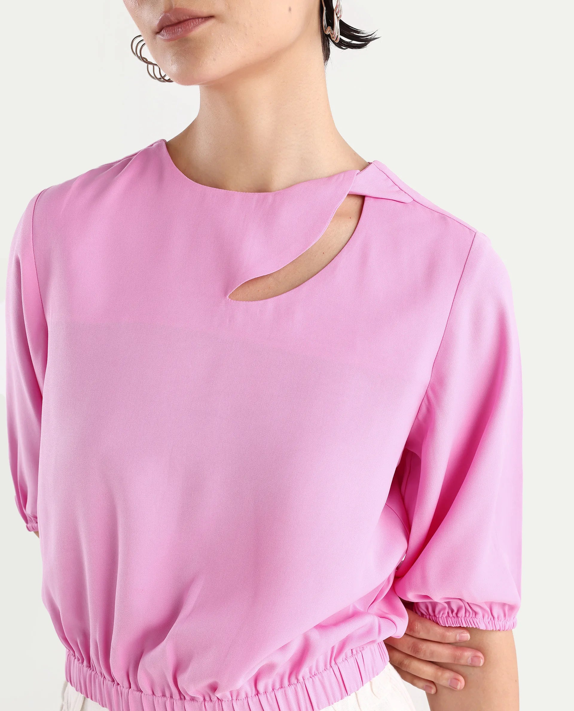 Rareism Women's Dionysus Pink Polyester Blend Crew Neck Plain Crop Regular Fit Top