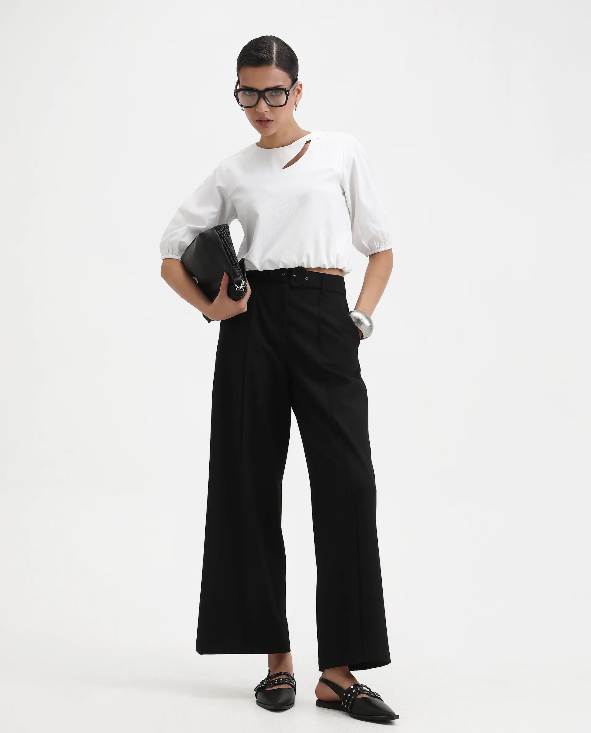 Rareism Women's Dionysus White Polyester Blend Crew Neck Plain Crop Regular Fit Top