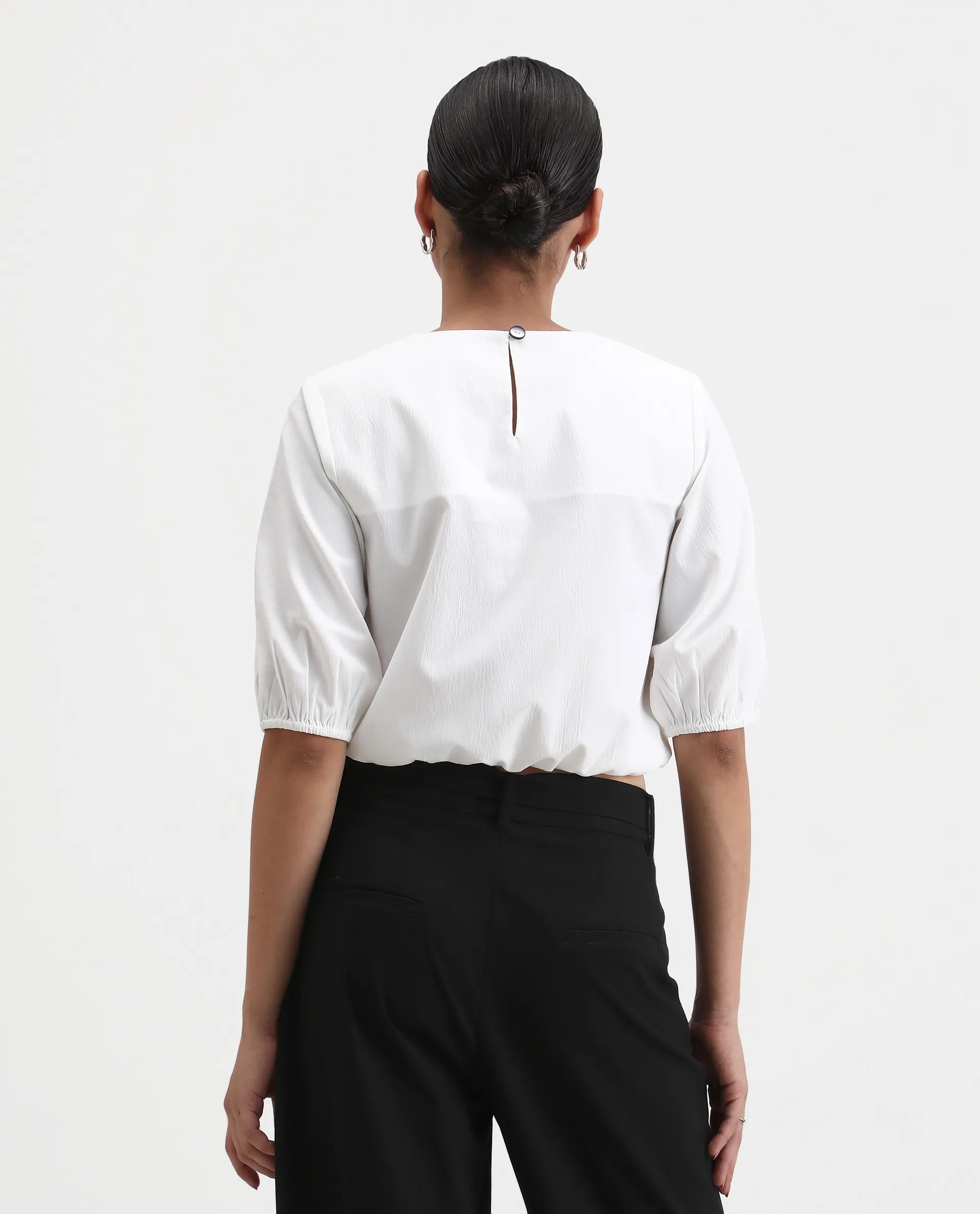 Rareism Women's Dionysus White Polyester Blend Crew Neck Plain Crop Regular Fit Top