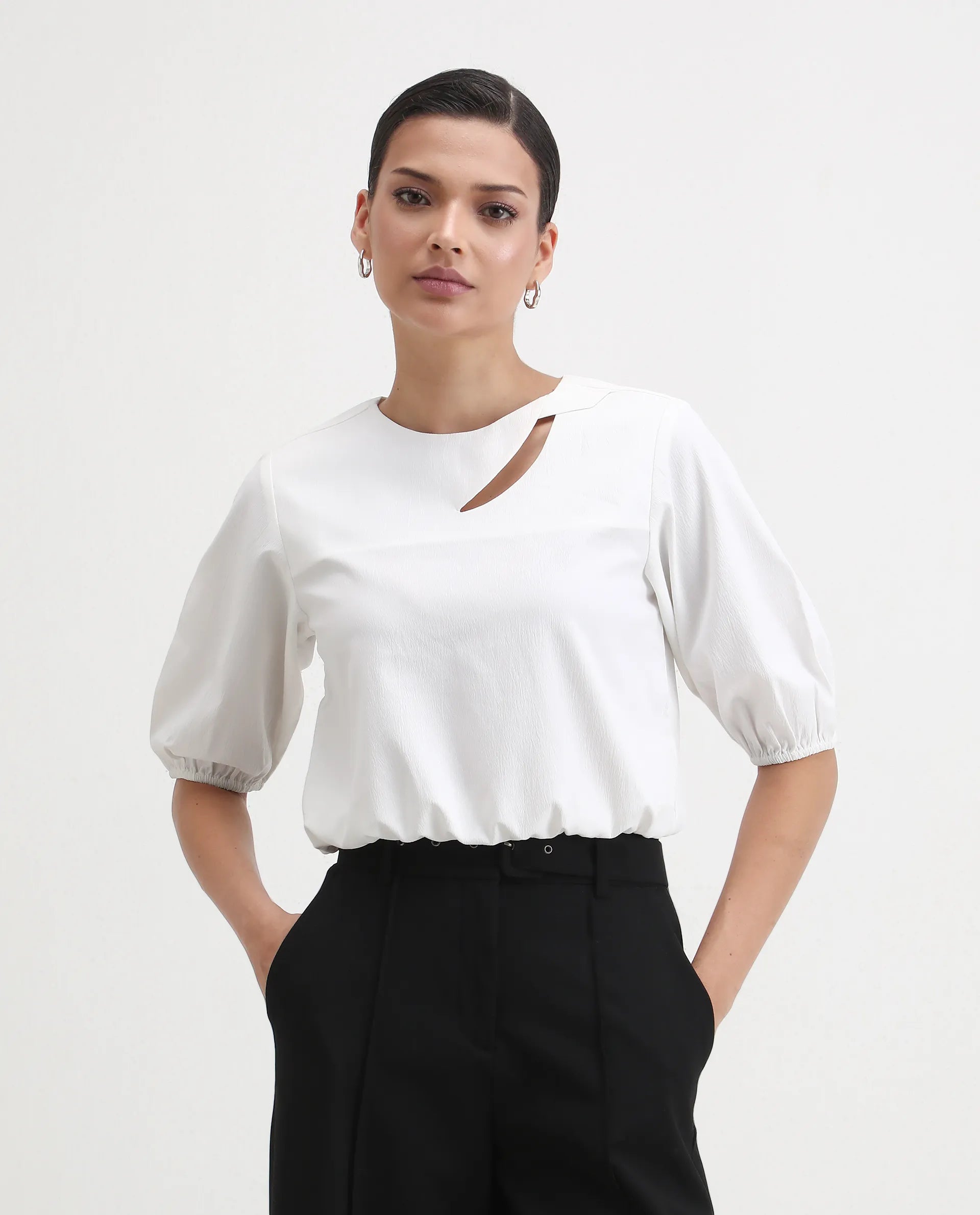 Rareism Women's Dionysus White Polyester Blend Crew Neck Plain Crop Regular Fit Top