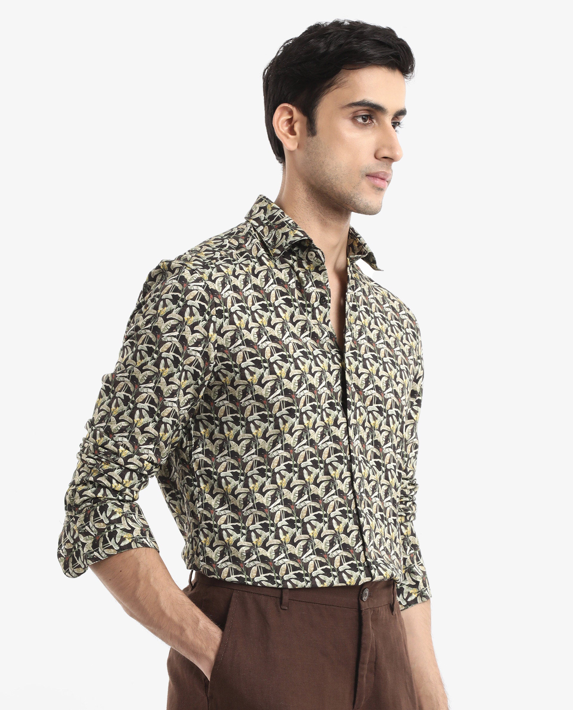 Rare Rabbit Men's Diphda Dark Brown Viscose Fabric Full Sleeve Regular Fit Botanical Print Shirt