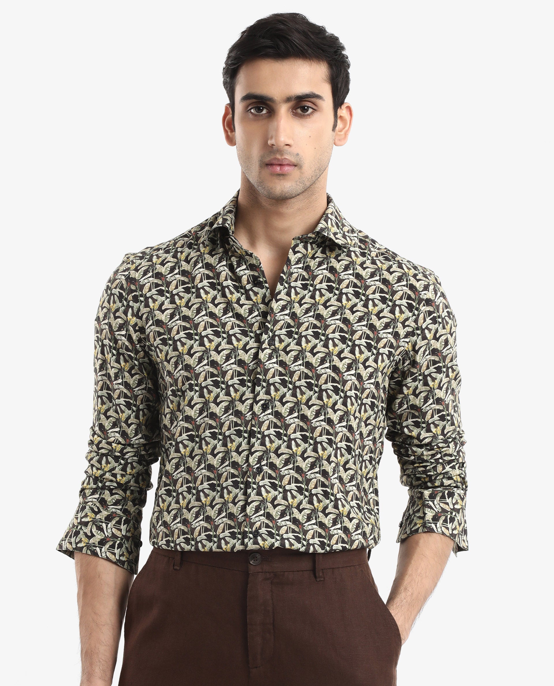Rare Rabbit Men's Diphda Dark Brown Viscose Fabric Full Sleeve Regular Fit Botanical Print Shirt