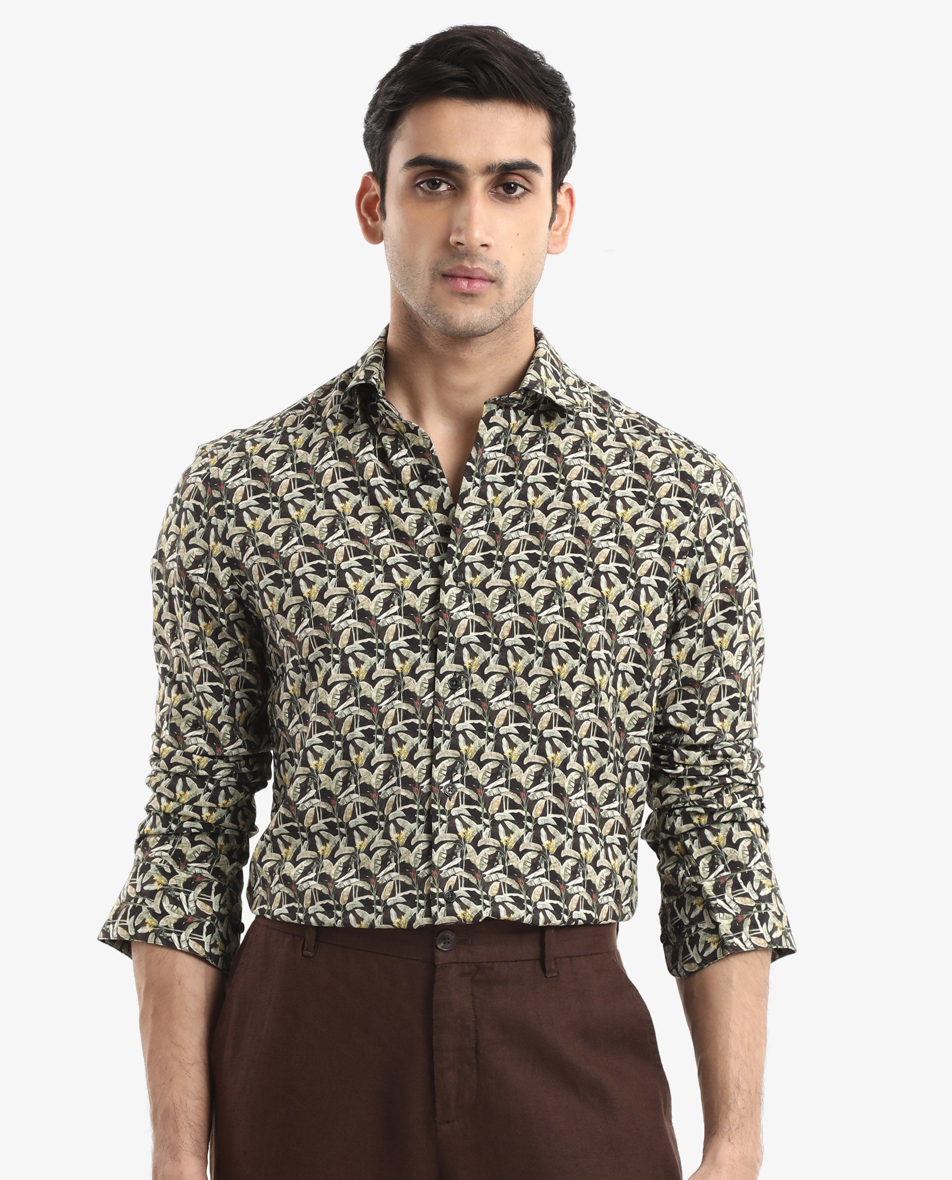 Rare Rabbit Men's Diphda Dark Brown Viscose Fabric Full Sleeve Regular Fit Botanical Print Shirt