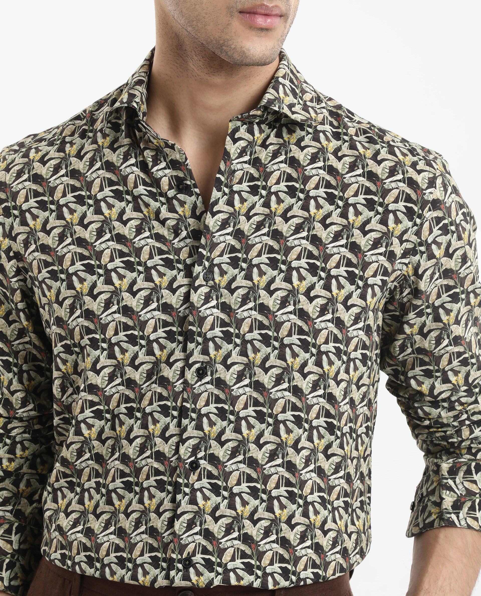 Rare Rabbit Men's Diphda Dark Brown Viscose Fabric Full Sleeve Regular Fit Botanical Print Shirt