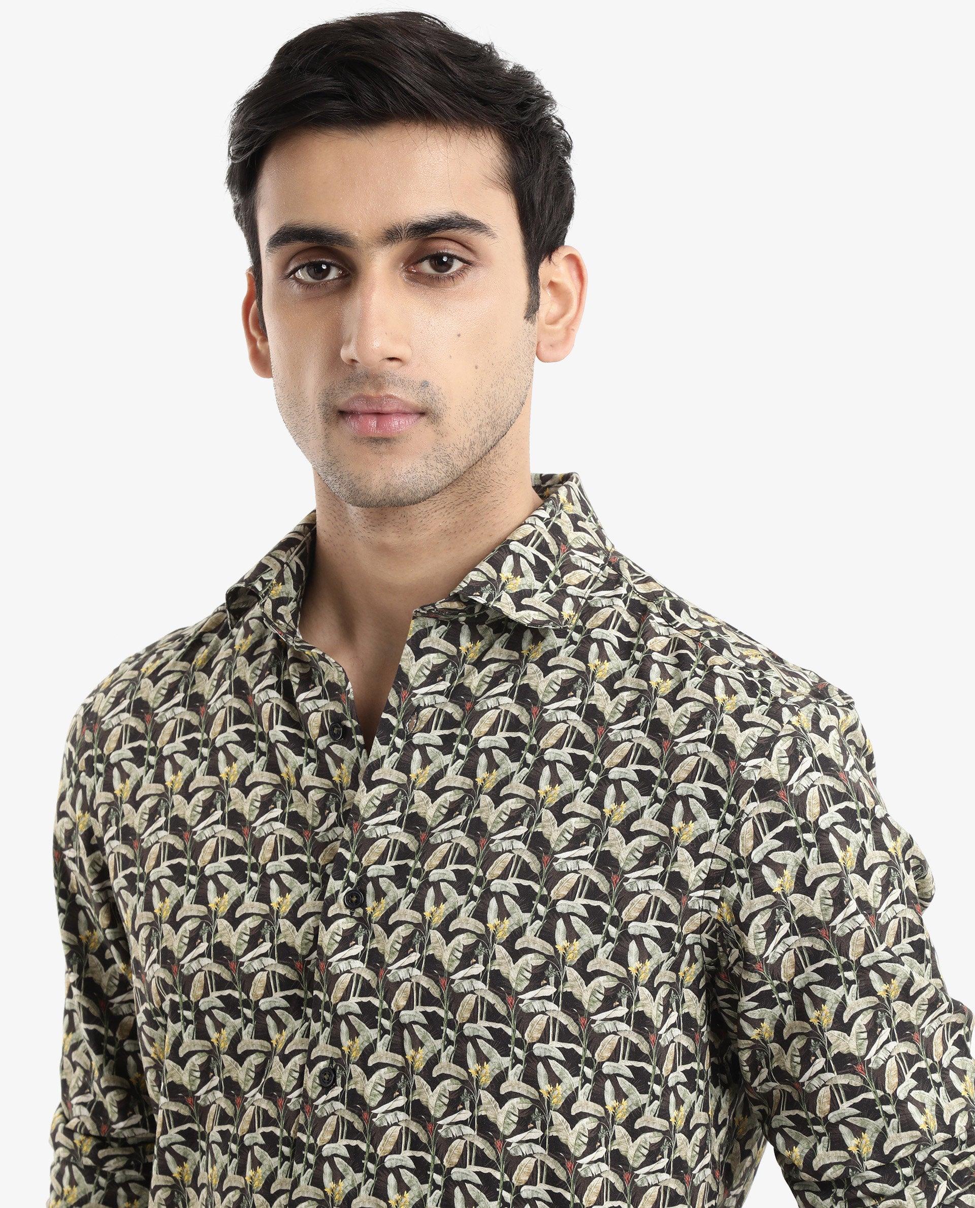Rare Rabbit Men's Diphda Dark Brown Viscose Fabric Full Sleeve Regular Fit Botanical Print Shirt