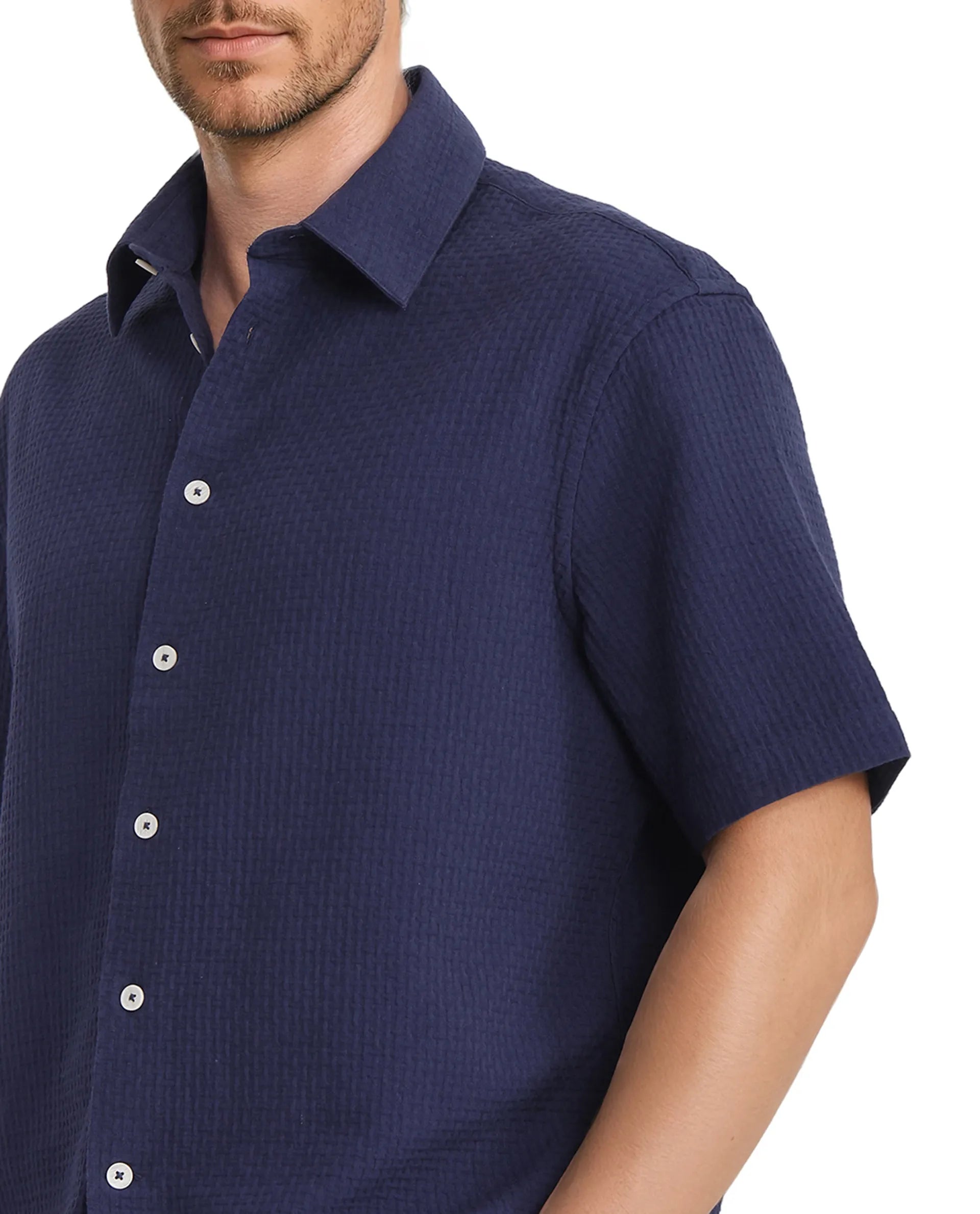 Rare Rabbit Men's Dira Dark Blue Cotton Fabric Short Sleeve Regular Collared Boxy Fit Button Closure Textured Shirt