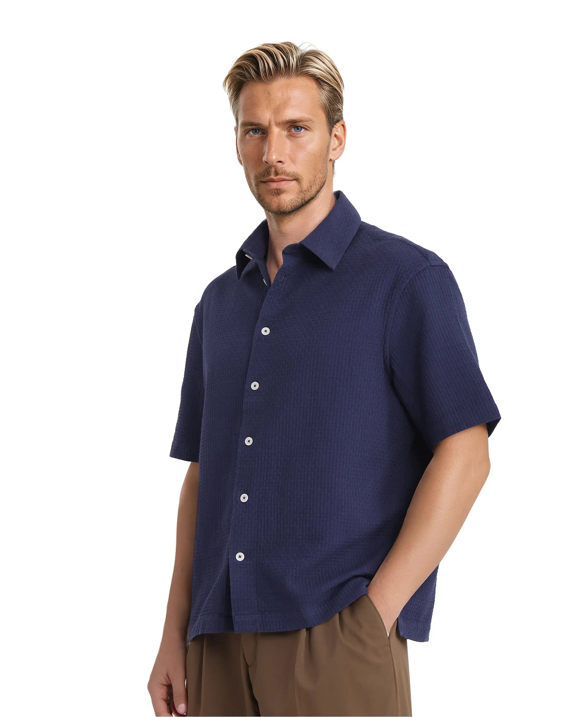 Rare Rabbit Men's Dira Dark Blue Cotton Fabric Short Sleeve Regular Collared Boxy Fit Button Closure Textured Shirt