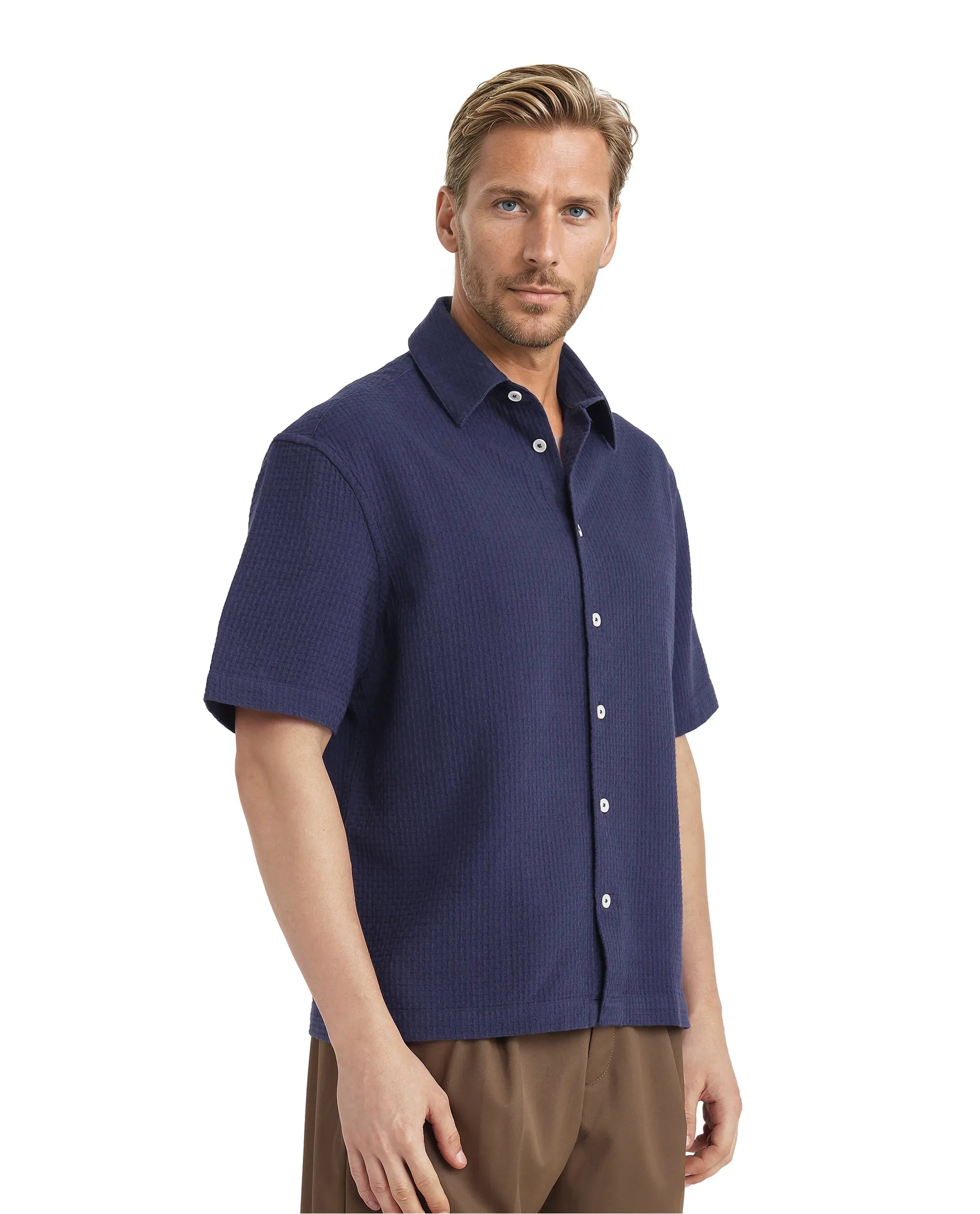 Rare Rabbit Men's Dira Dark Blue Cotton Fabric Short Sleeve Regular Collared Boxy Fit Button Closure Textured Shirt