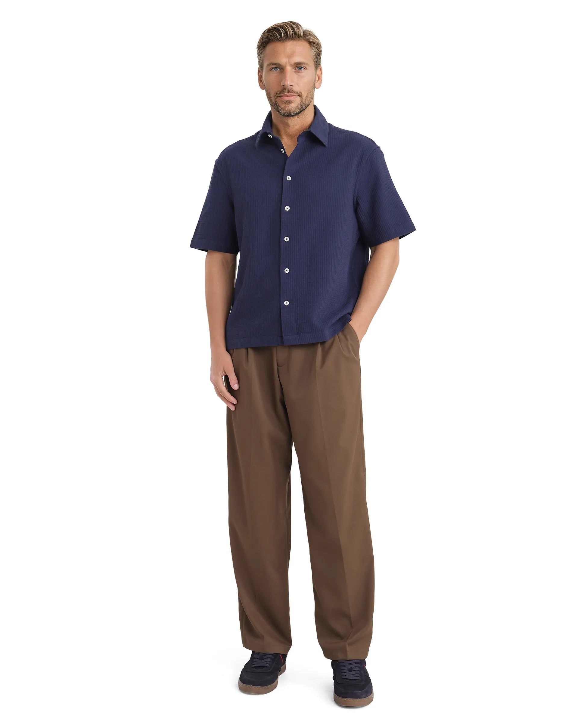 Rare Rabbit Men's Dira Dark Blue Cotton Fabric Short Sleeve Regular Collared Boxy Fit Button Closure Textured Shirt