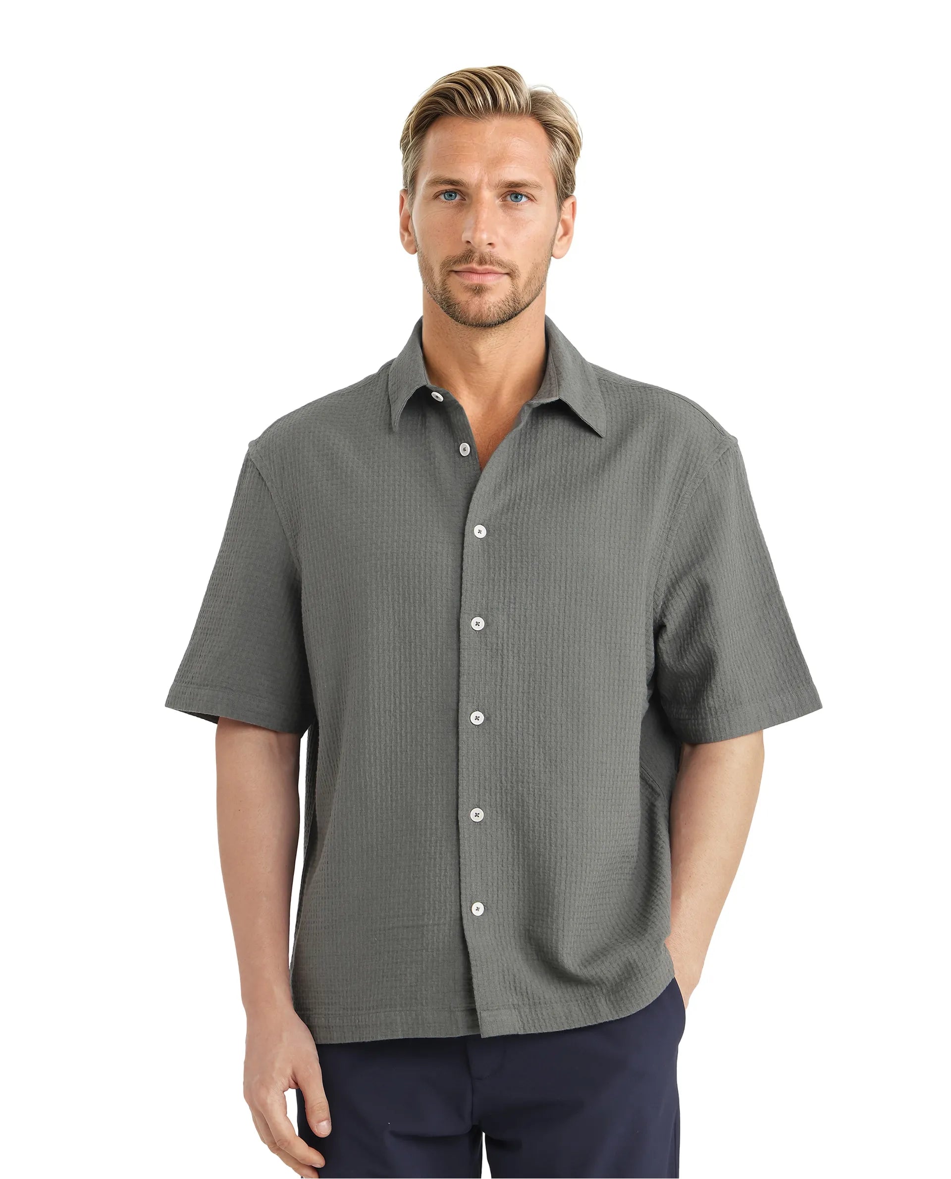 Rare Rabbit Men's Dira Dark Green Cotton Fabric Short Sleeve Regular Collared Boxy Fit Button Closure Textured Shirt