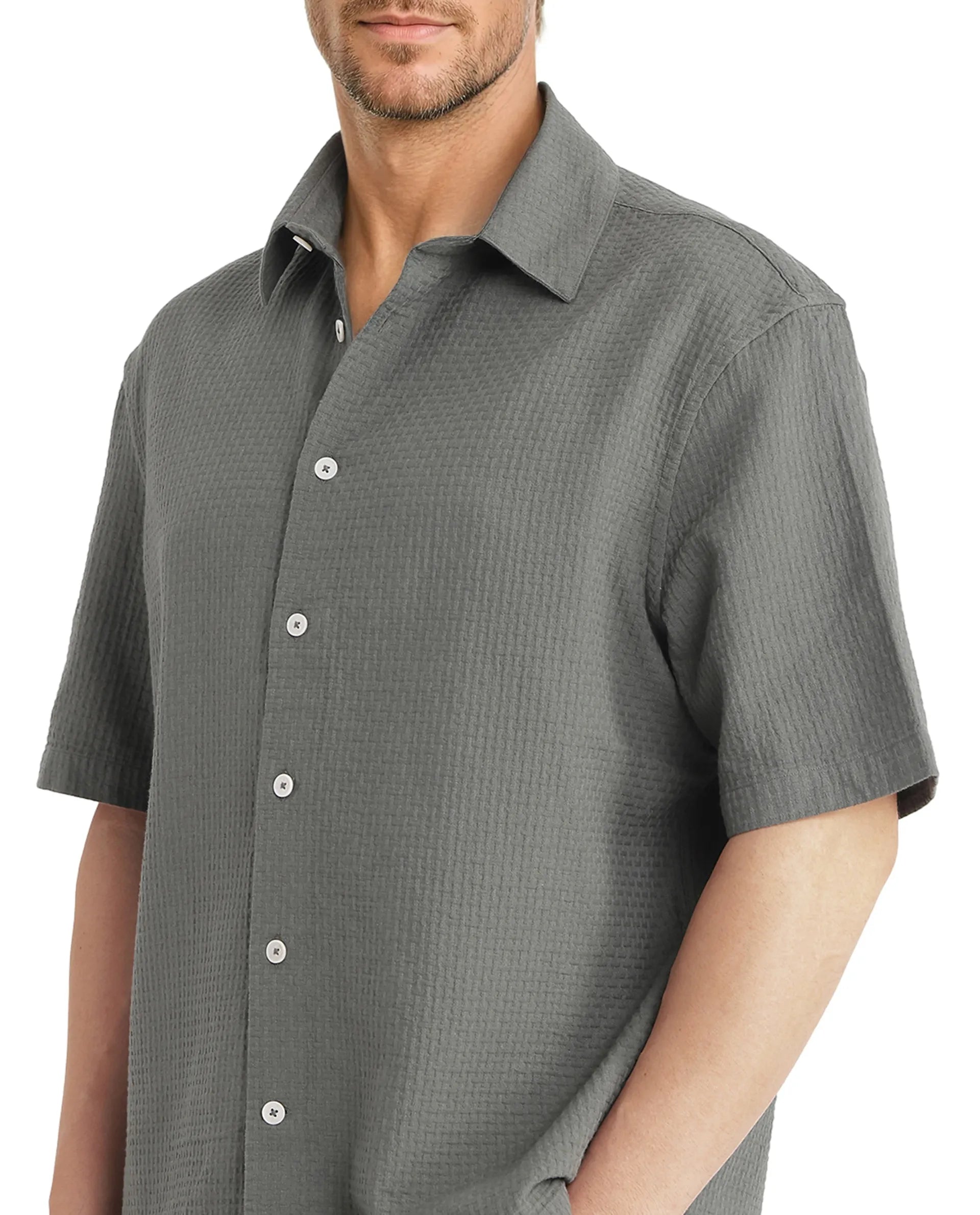 Rare Rabbit Men's Dira Dark Green Cotton Fabric Short Sleeve Regular Collared Boxy Fit Button Closure Textured Shirt