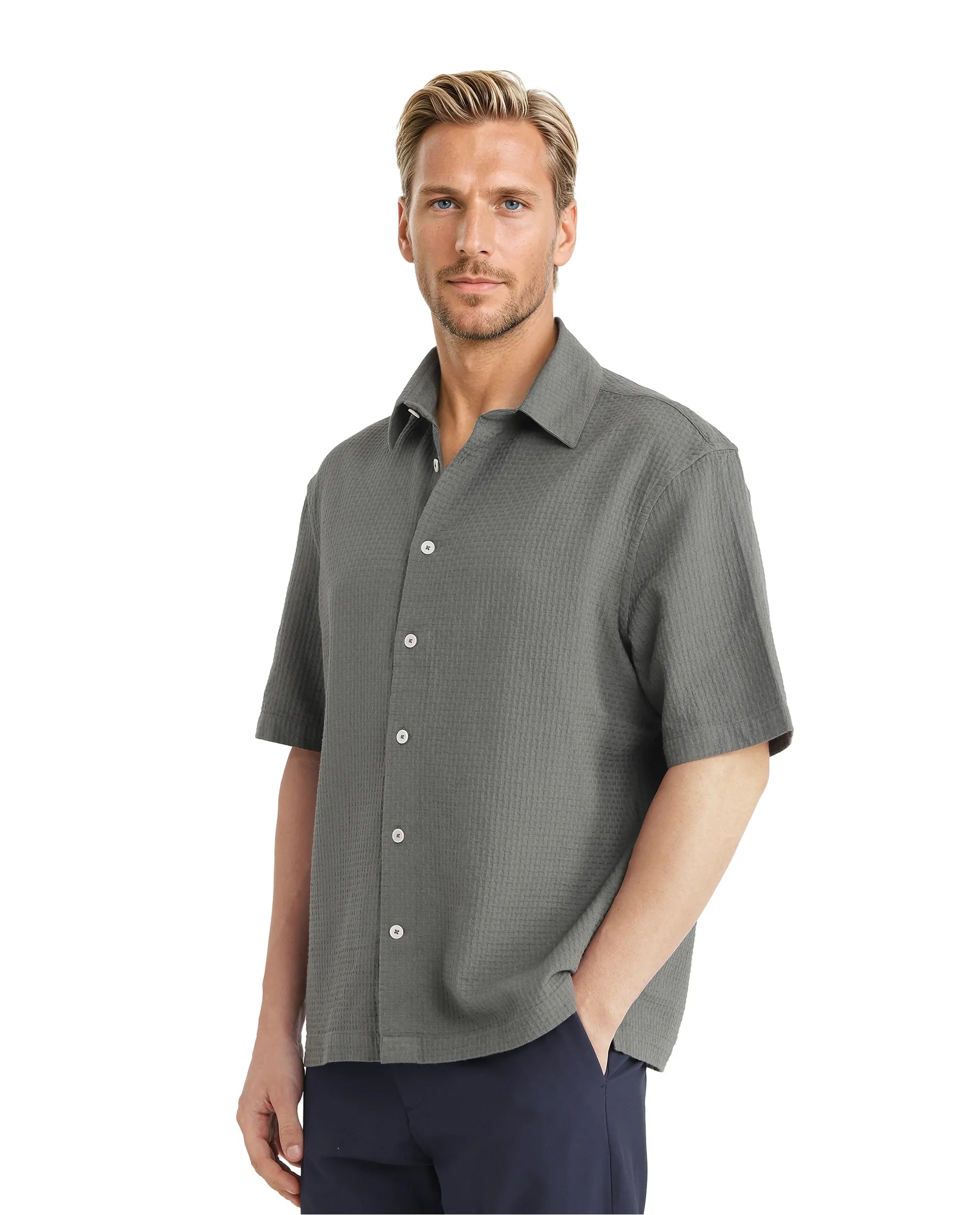 Rare Rabbit Men's Dira Dark Green Cotton Fabric Short Sleeve Regular Collared Boxy Fit Button Closure Textured Shirt