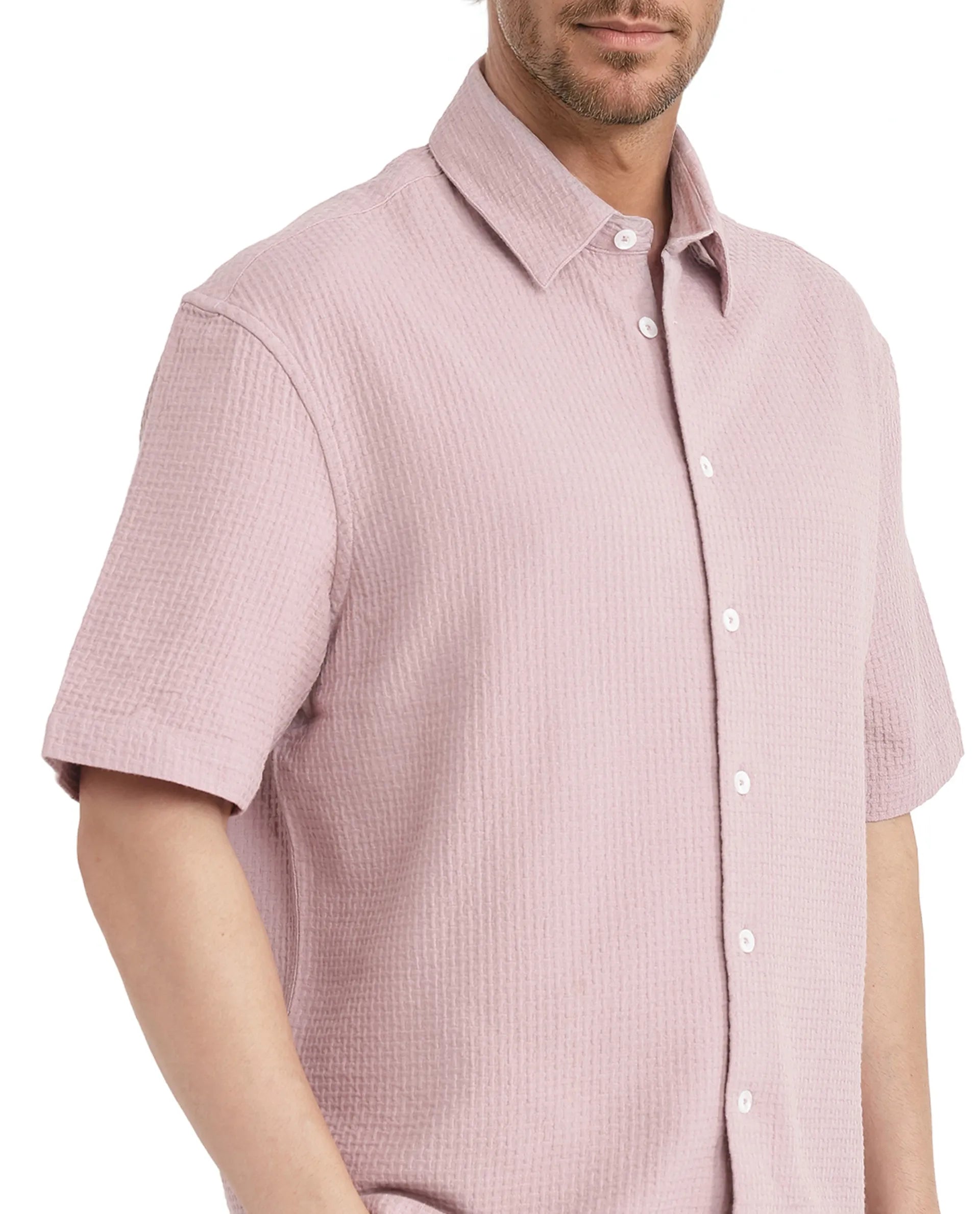 Rare Rabbit Men's Dira Dusky Pink Cotton Fabric Short Sleeve Regular Collared Boxy Fit Button Closure Textured Shirt