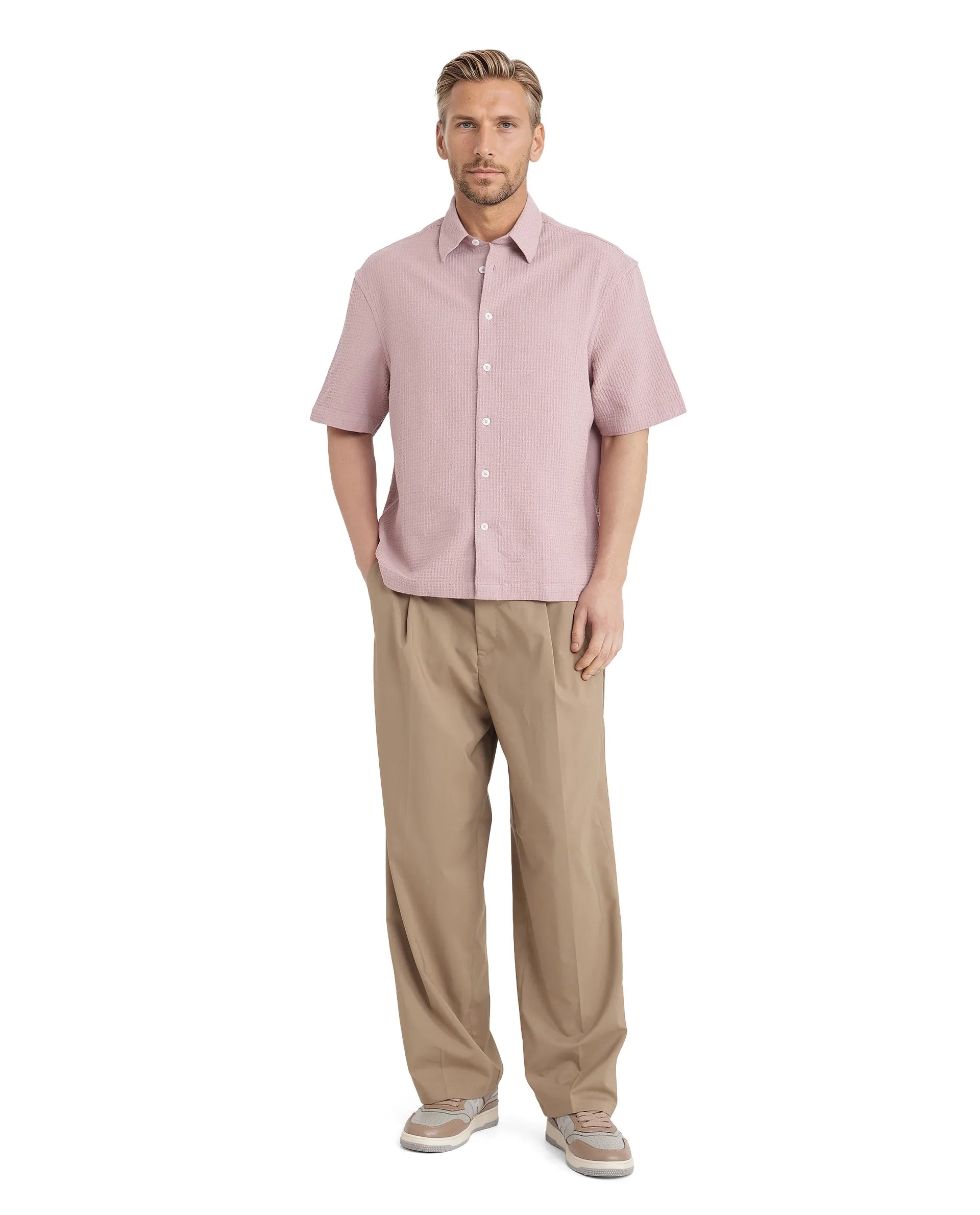 Rare Rabbit Men's Dira Dusky Pink Cotton Fabric Short Sleeve Regular Collared Boxy Fit Button Closure Textured Shirt