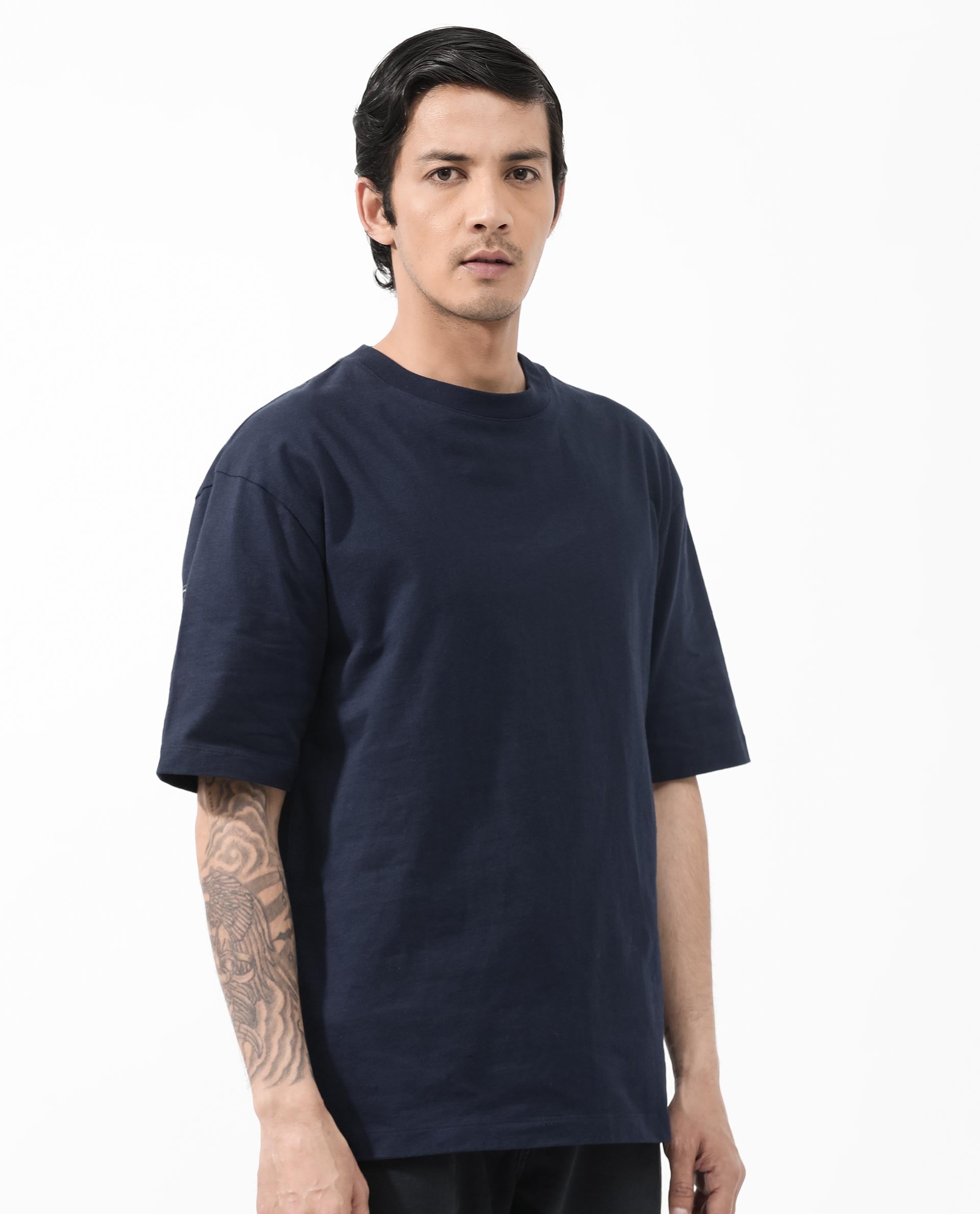 Rare Rabbit Articale Men's Dis Navy Cotton Polyester Fabric Crew Neck Oversized Fit Typography Print T-Shirt