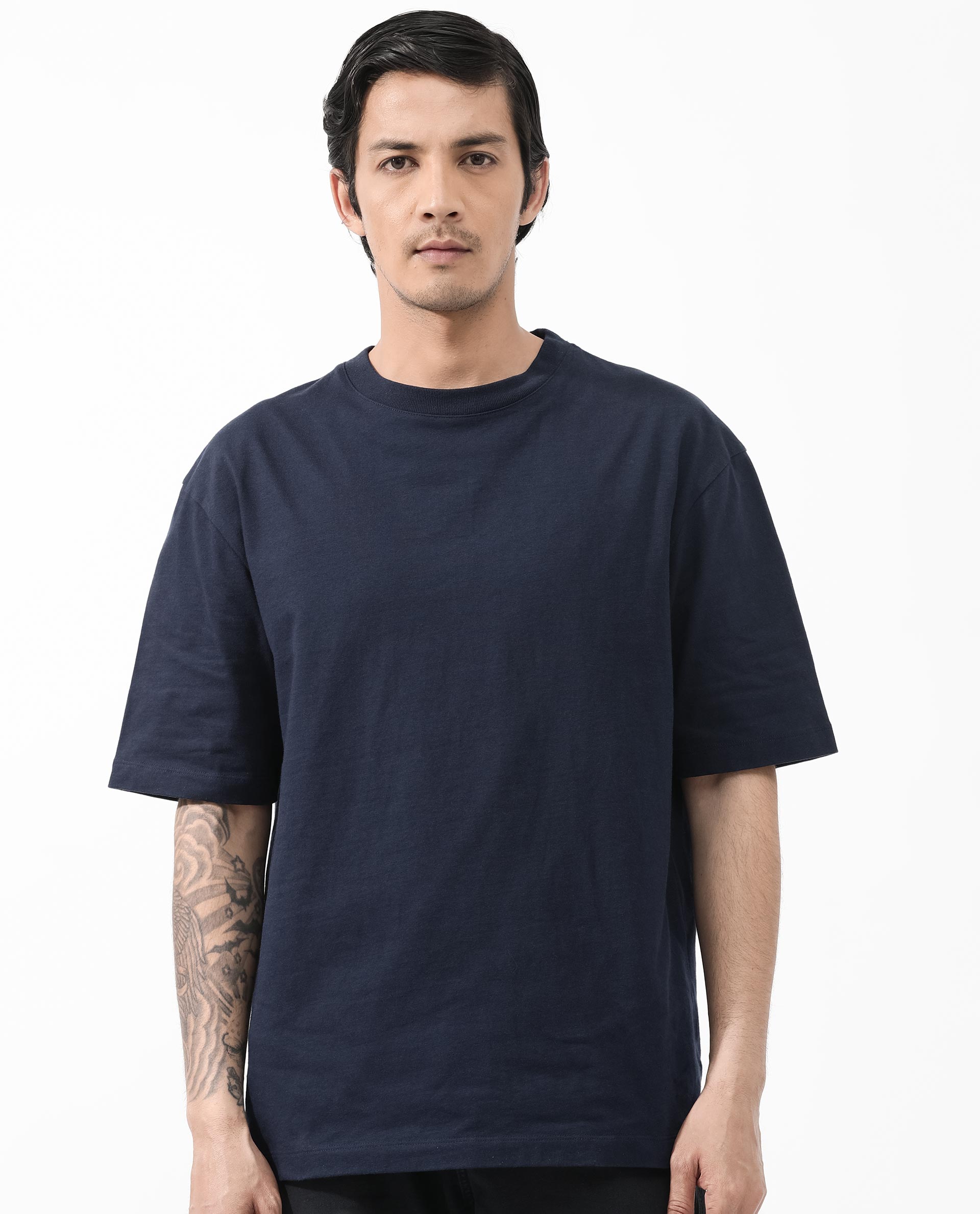 Rare Rabbit Articale Men's Dis Navy Cotton Polyester Fabric Crew Neck Oversized Fit Typography Print T-Shirt