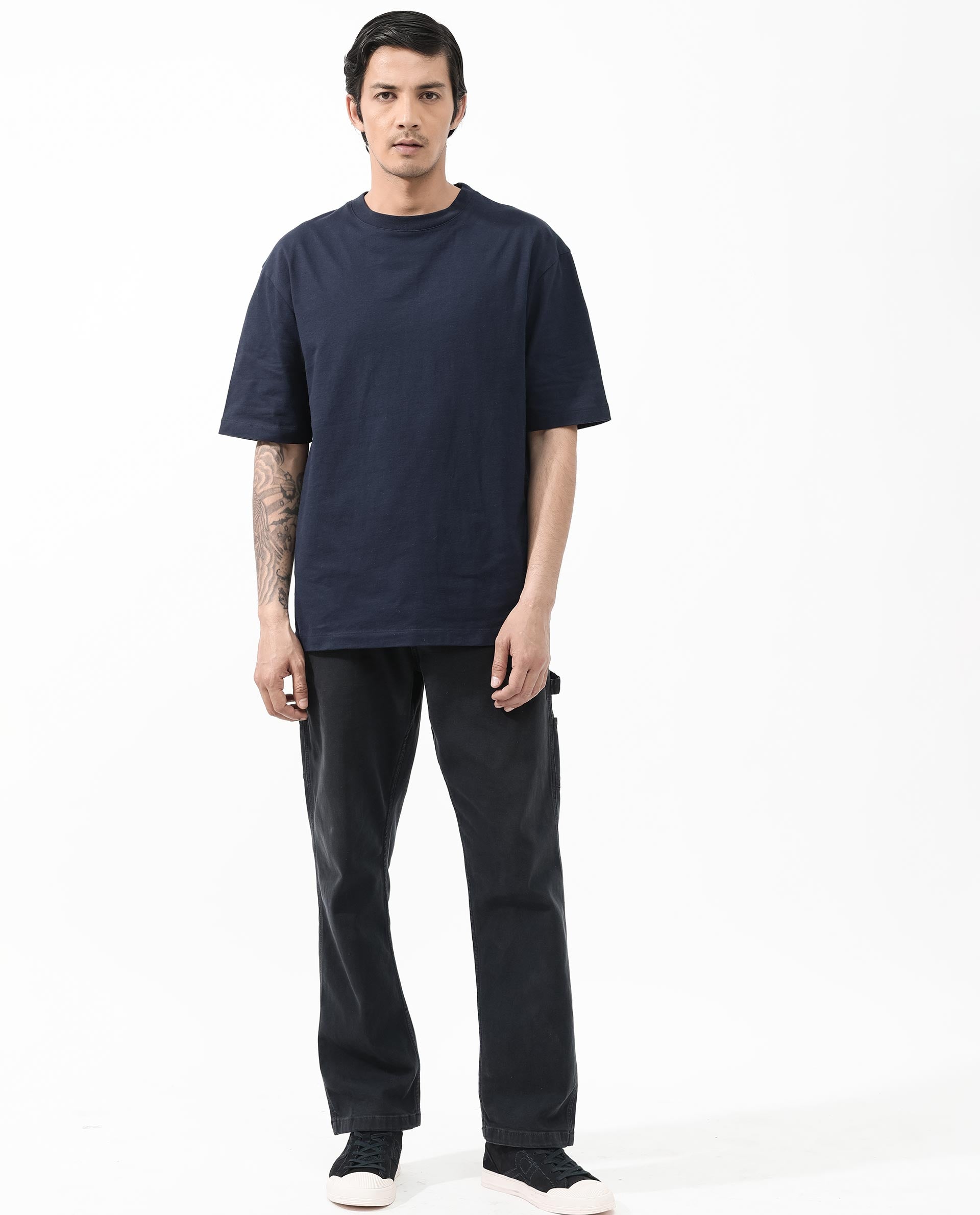 Rare Rabbit Articale Men's Dis Navy Cotton Polyester Fabric Crew Neck Oversized Fit Typography Print T-Shirt