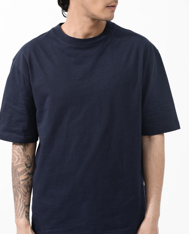 Rare Rabbit Articale Men's Dis Navy Cotton Polyester Fabric Crew Neck Oversized Fit Typography Print T-Shirt