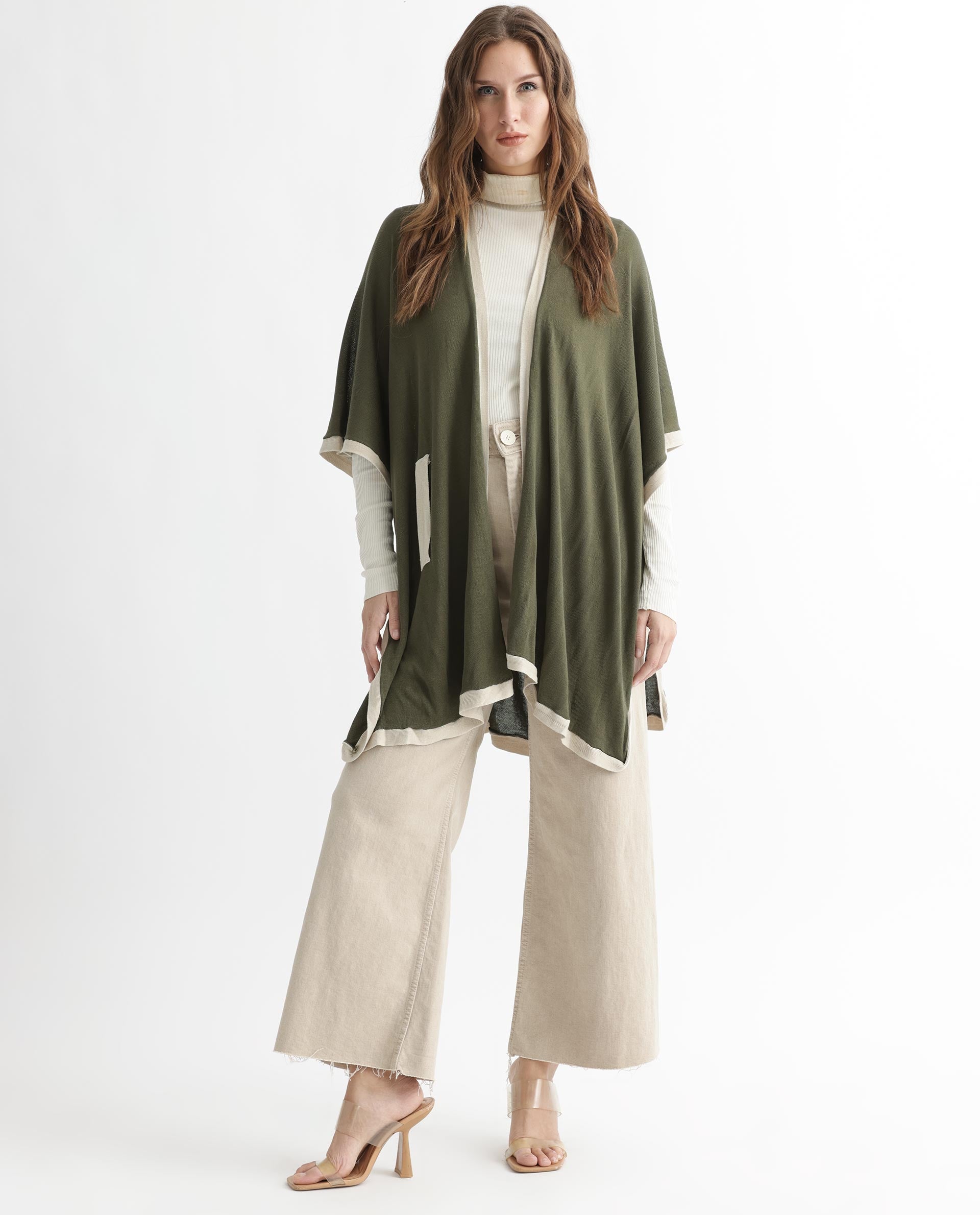 Rareism Women Display Olive Viscose Fabric 3/4Th Sleeves Relaxed Fit Solid Collarless Sweater