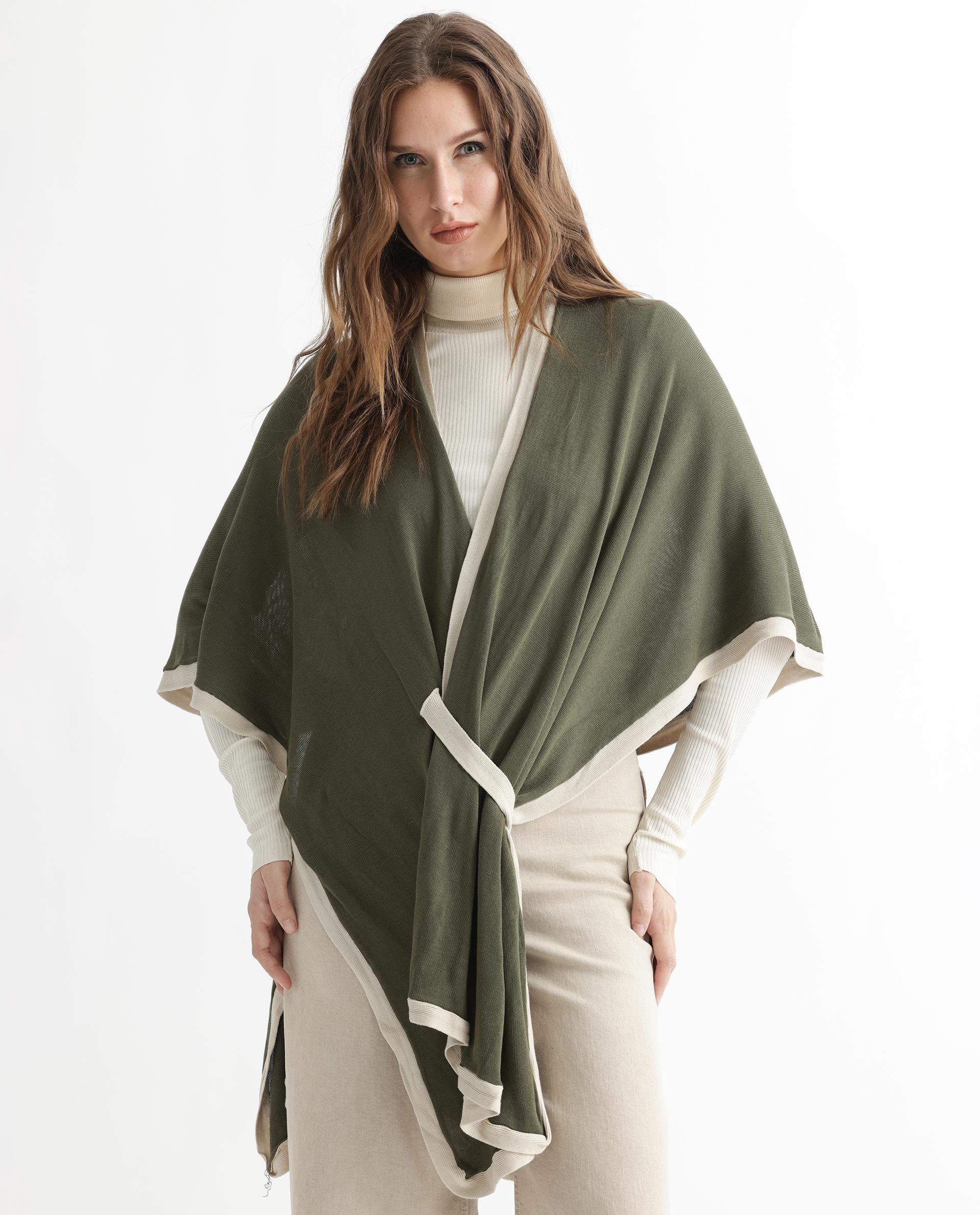 Rareism Women Display Olive Viscose Fabric 3/4Th Sleeves Relaxed Fit Solid Collarless Sweater