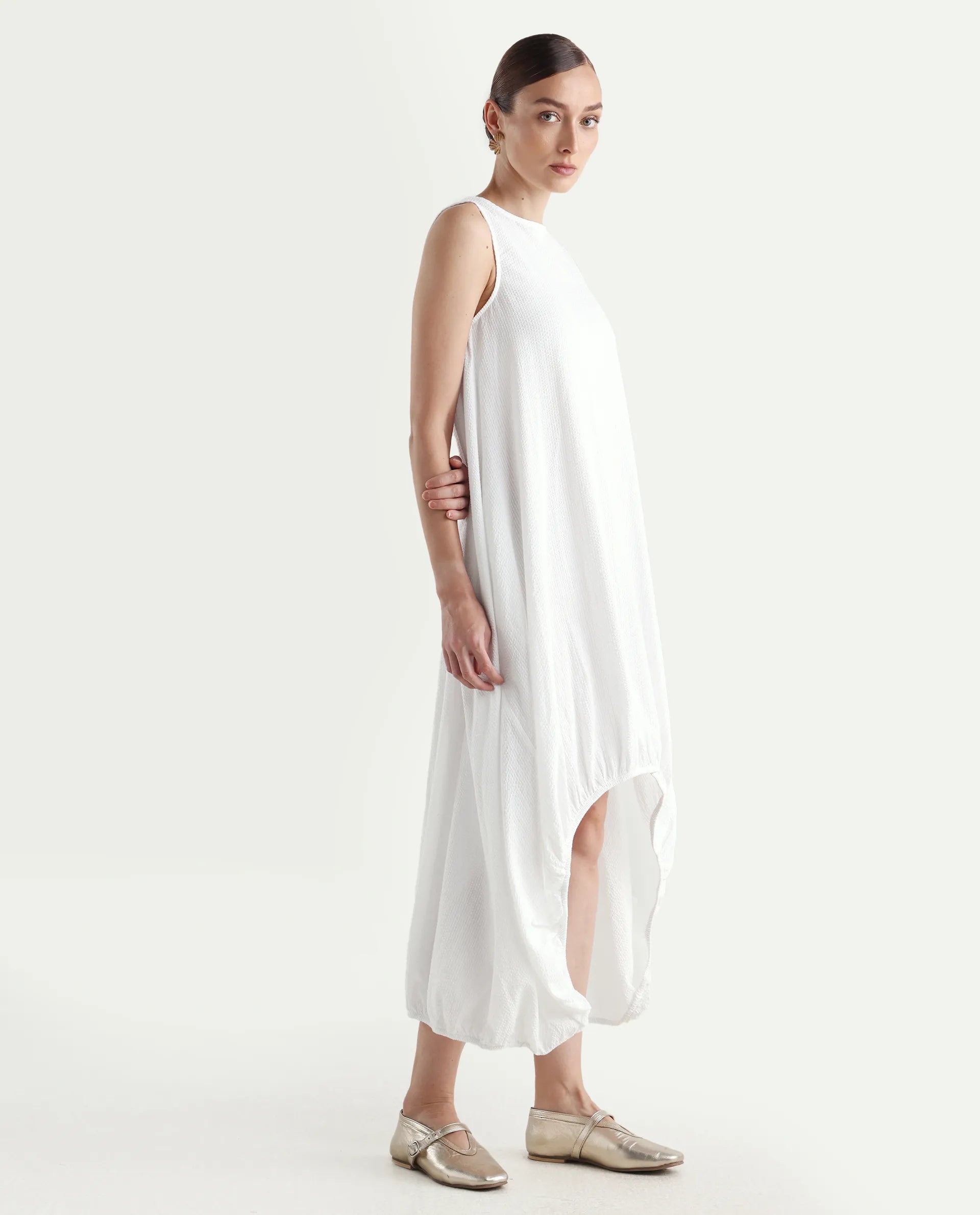 Rareism Women's Divan White Cotton Crew Neck Plain Sleeveless Midi Balloon Dress