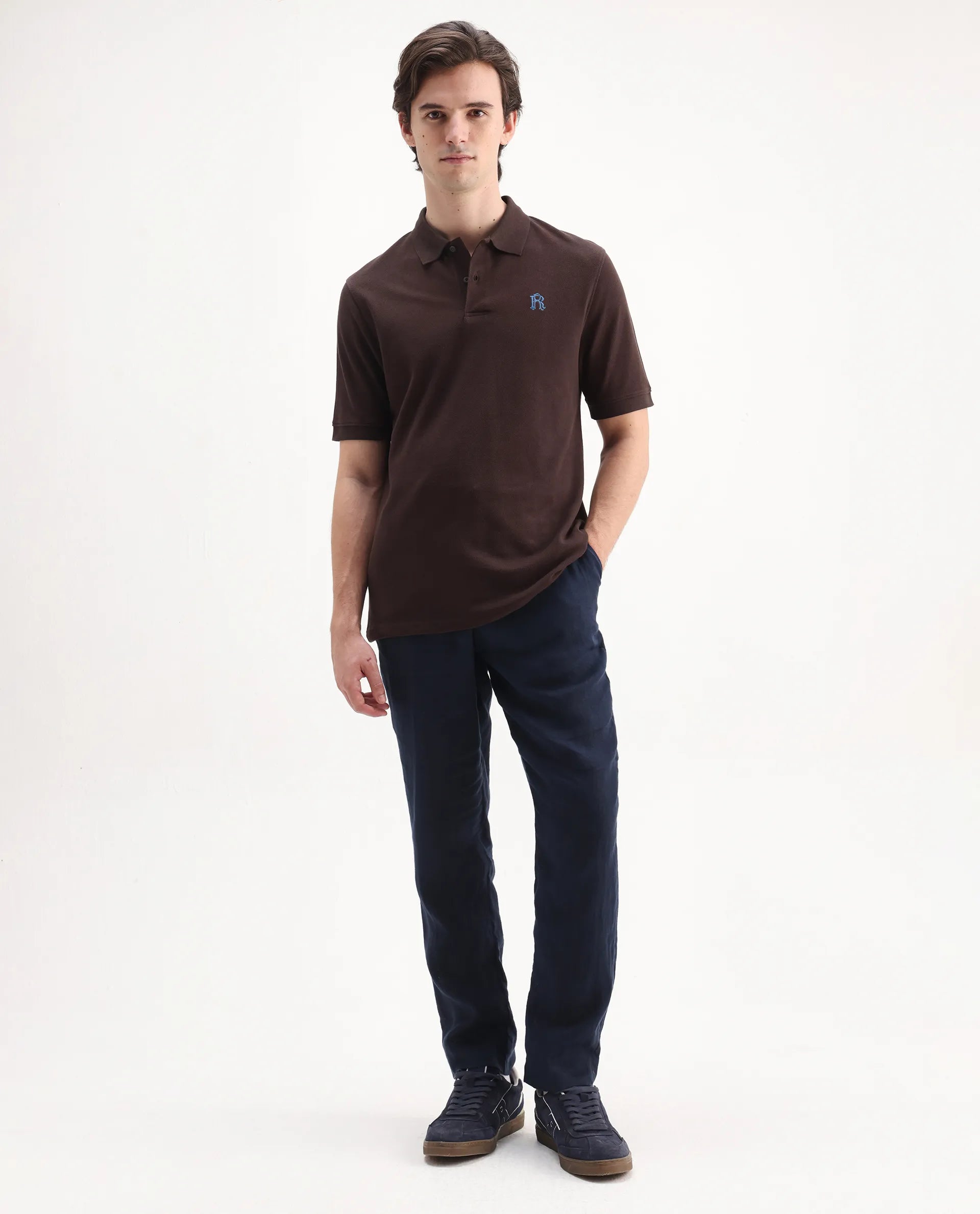 Rare Rabbit Men's Dive Dark Brown Cotton Embroidered Regular Fit Half Sleeve Polo