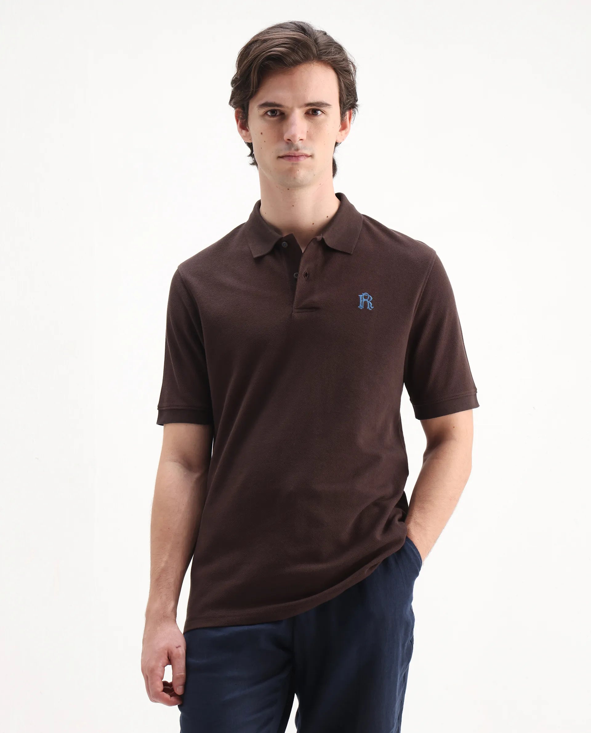 Rare Rabbit Men's Dive Dark Brown Cotton Embroidered Regular Fit Half Sleeve Polo
