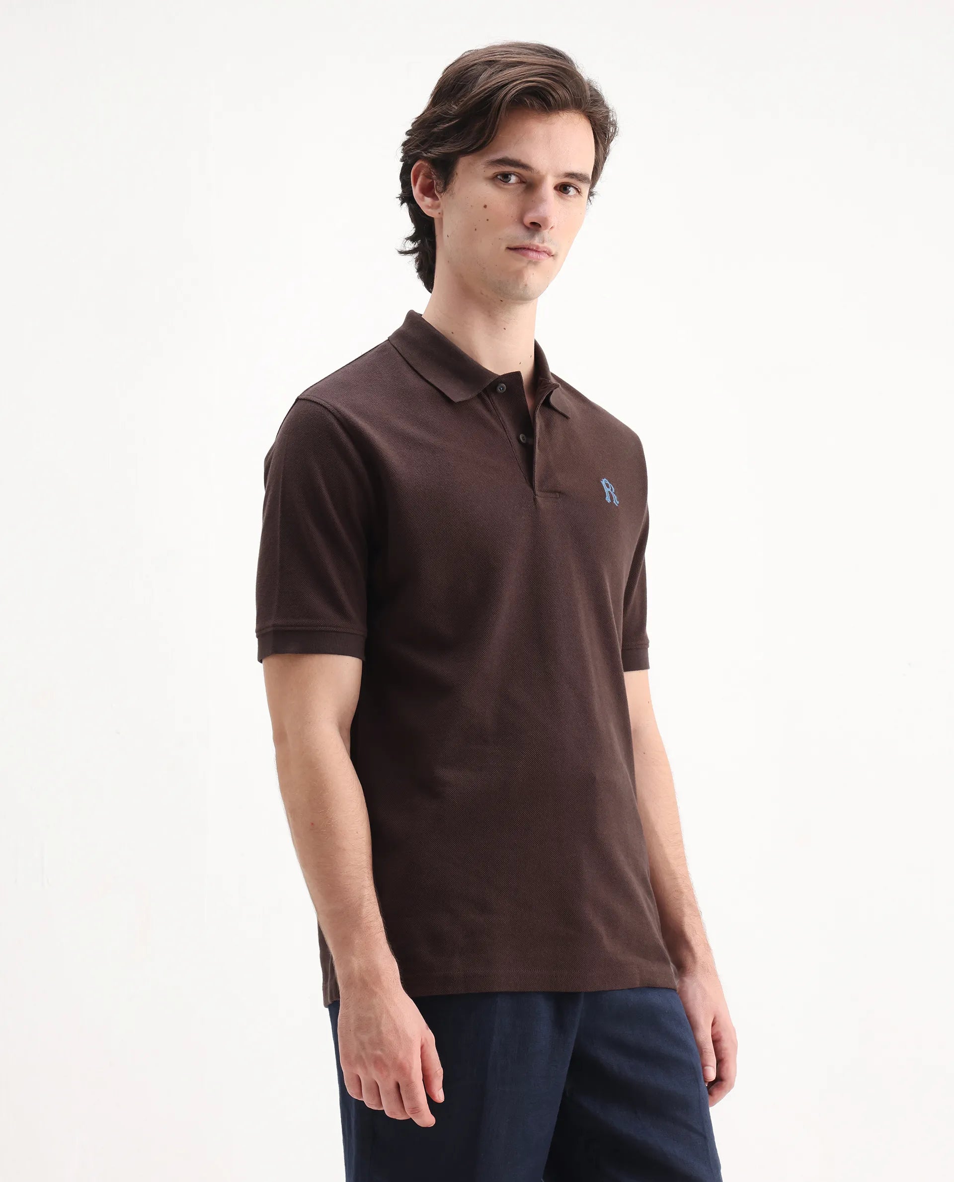 Rare Rabbit Men's Dive Dark Brown Cotton Embroidered Regular Fit Half Sleeve Polo
