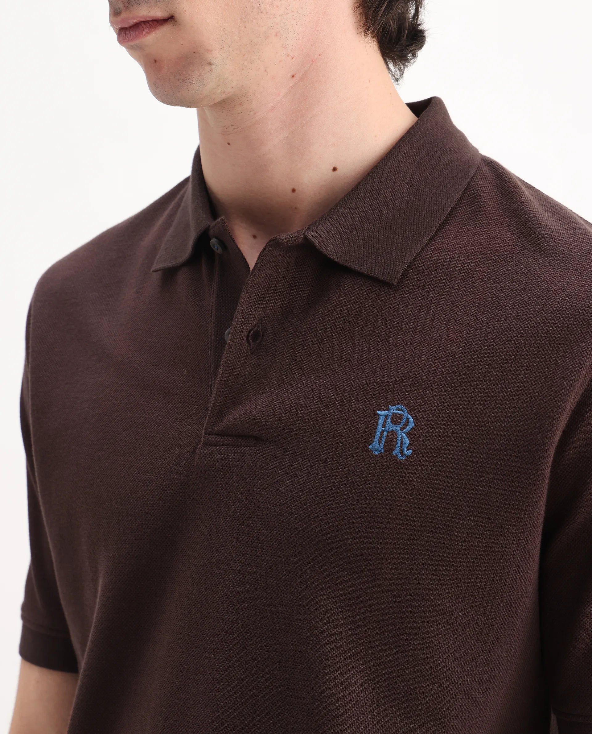 Rare Rabbit Men's Dive Dark Brown Cotton Embroidered Regular Fit Half Sleeve Polo