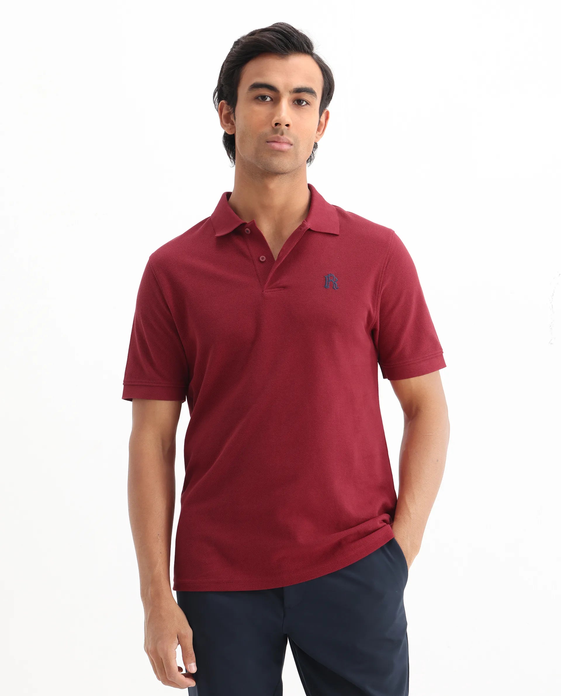 Rare Rabbit Men's Dive Red Cotton Plain Regular Fit Half Sleeve Polo