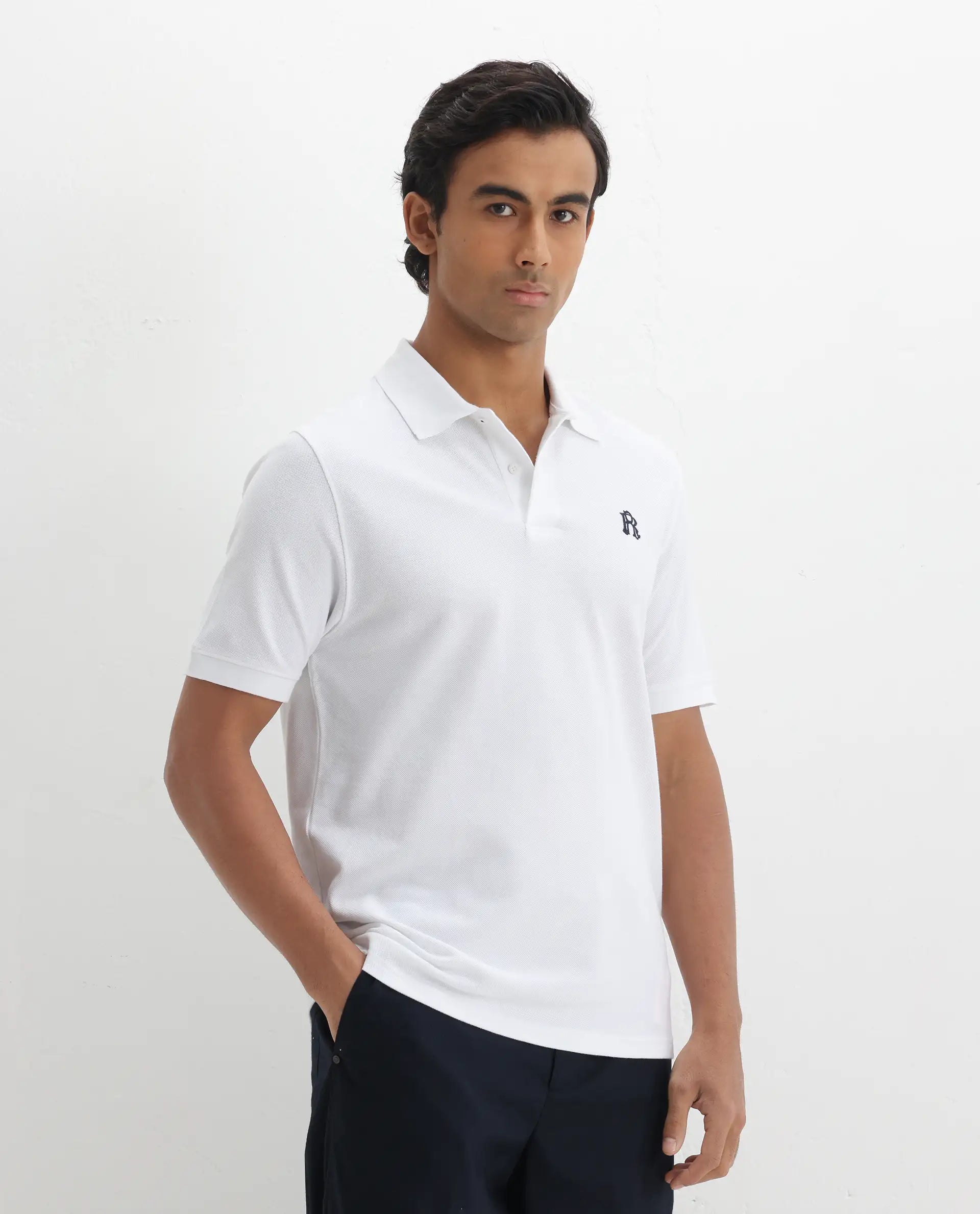 Rare Rabbit Men's Dive White Cotton Embroidered Regular Fit Half Sleeve Polo