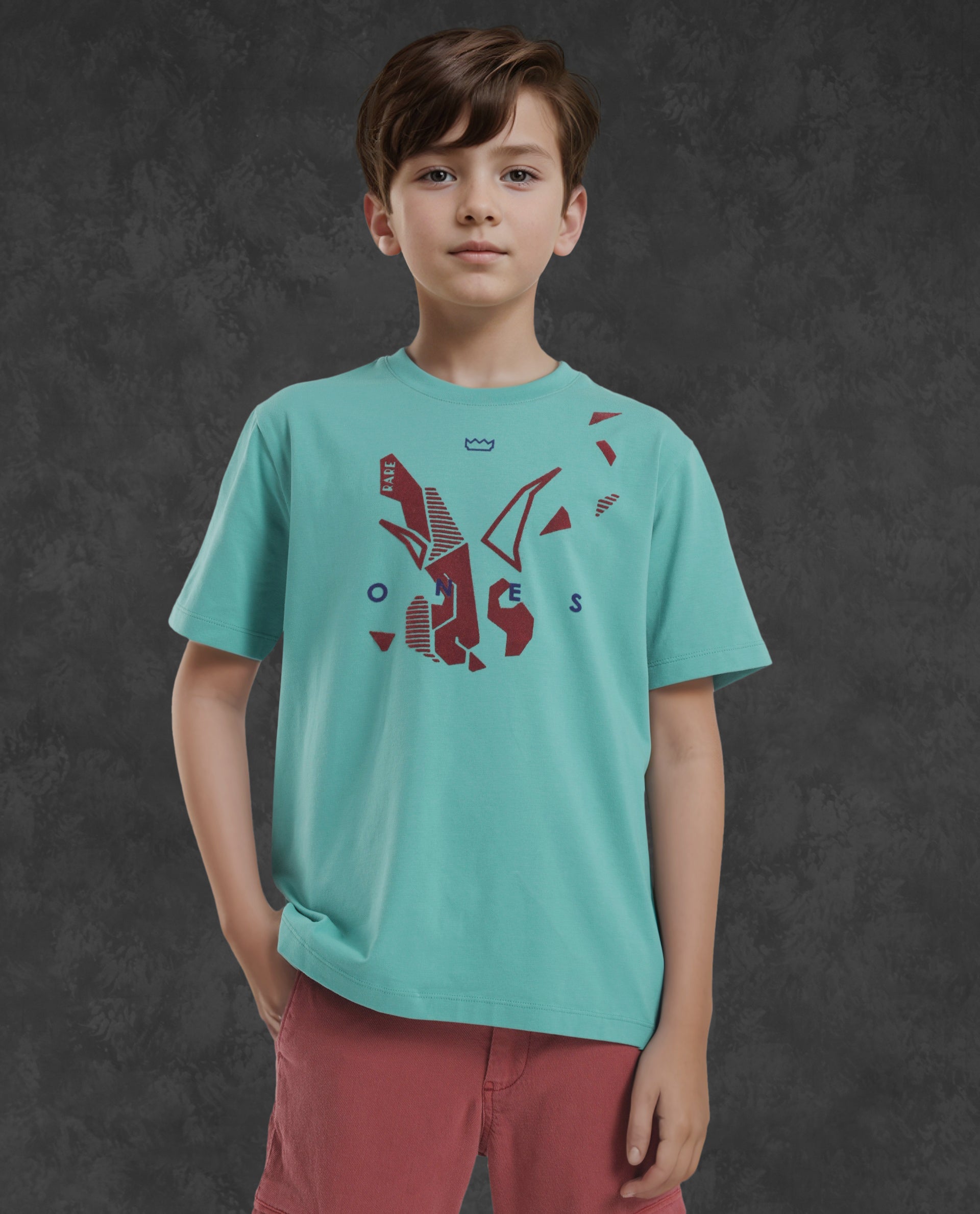 Rare Ones Kids Div Green Cotton Half Sleeves Crew Neck Regular Fit Graphic Print T-Shirt