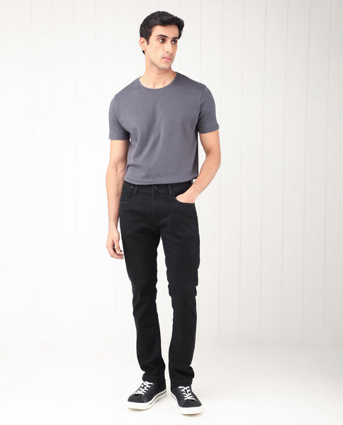 Rare Rabbit Men's Divi Black Rinse Wash Mid-Rise Slim Fit Jeans