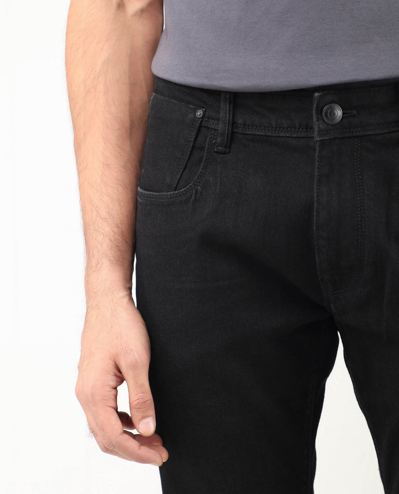 Rare Rabbit Men's Divi Black Rinse Wash Mid-Rise Slim Fit Jeans