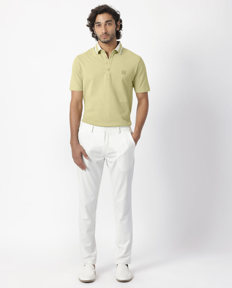 Rare Rabbit Men's Divide Dusky Green Cotton Fabric Striped Collar Half Sleeves Polo T-Shirt