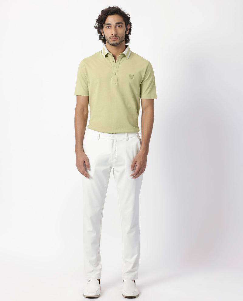Rare Rabbit Men's Divide Dusky Green Cotton Fabric Striped Collar Half Sleeves Polo T-Shirt