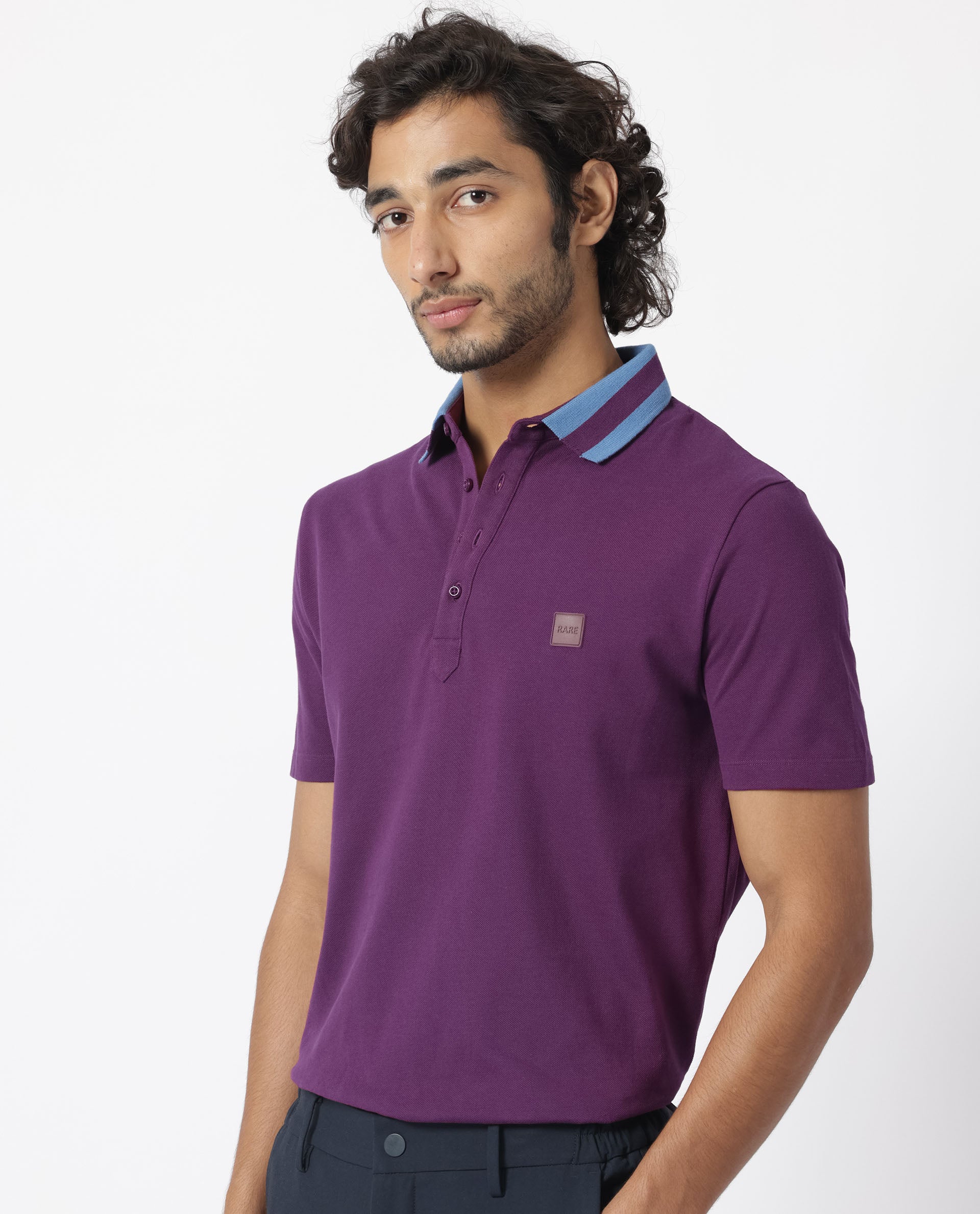 Rare Rabbit Men's Divide Dark Maroon Cotton Fabric Striped Collar Half Sleeves Polo T-Shirt