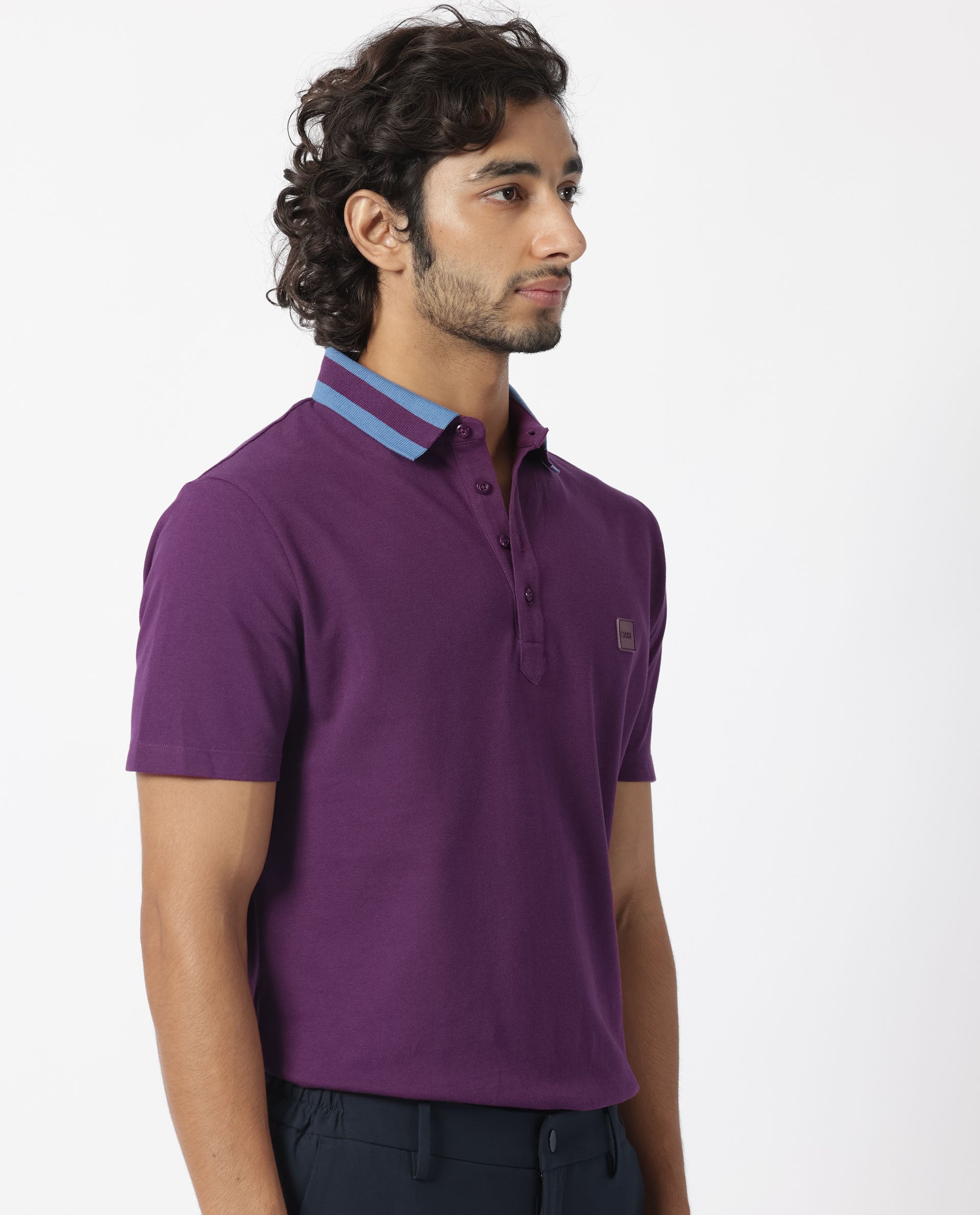 Rare Rabbit Men's Divide Dark Maroon Cotton Fabric Striped Collar Half Sleeves Polo T-Shirt