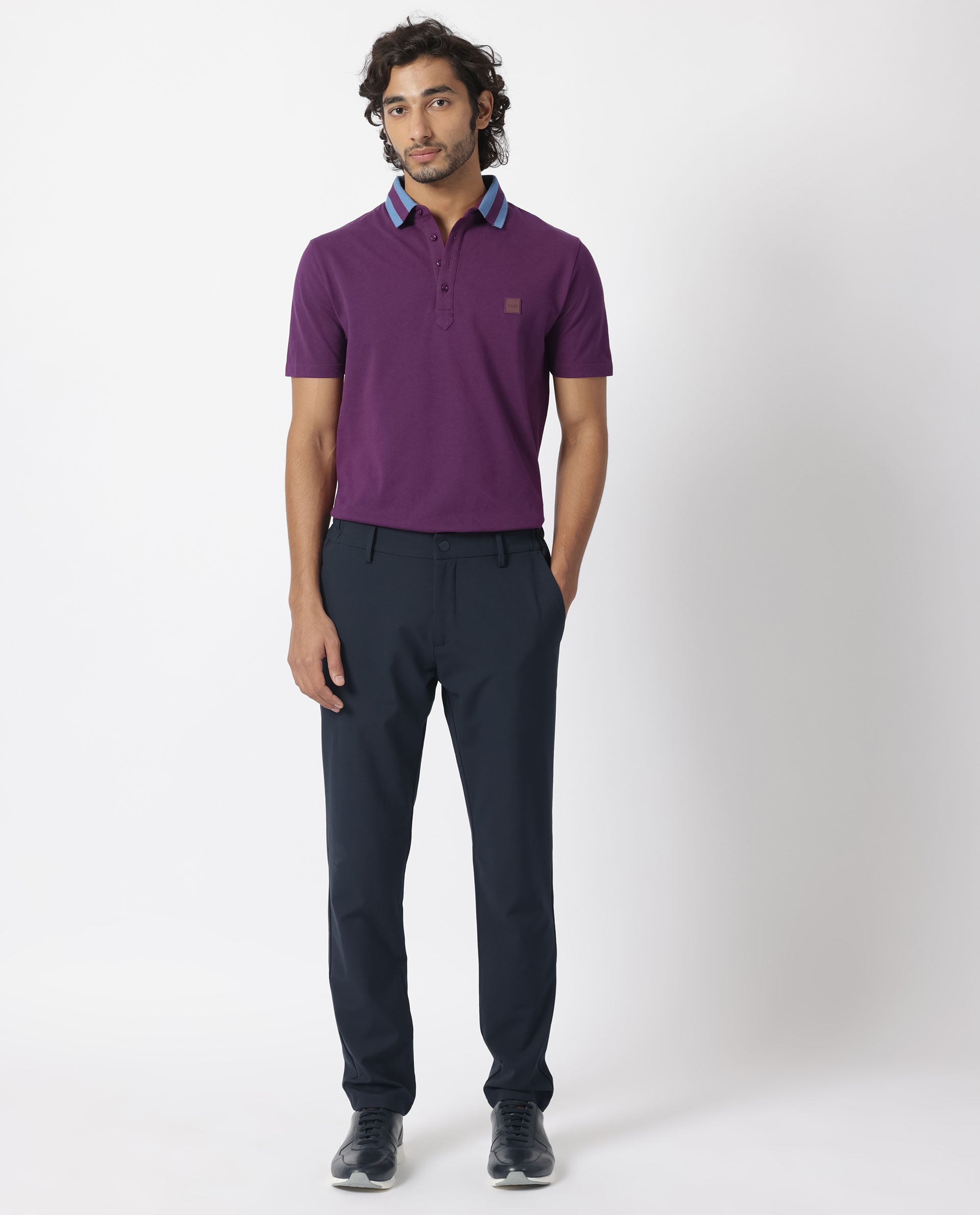 Rare Rabbit Men's Divide Dark Maroon Cotton Fabric Striped Collar Half Sleeves Polo T-Shirt